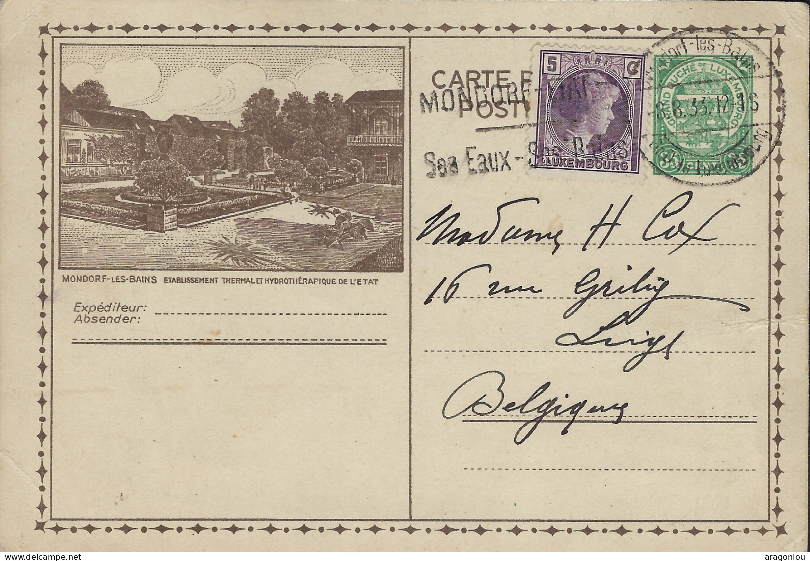 Luxembourg - Luxemburg - Carte-Postale  1933  -  Mondorf-les-Bains , Etablissement Thermal  -   Cachet  Mondorf - Stamped Stationery