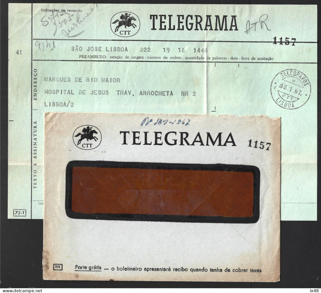 Telegram With Envelope With Obliteration 'Telegrafos Lisboa 1967'. Sending From S. José To Hospital De Jesus, Lisbon - Brieven En Documenten