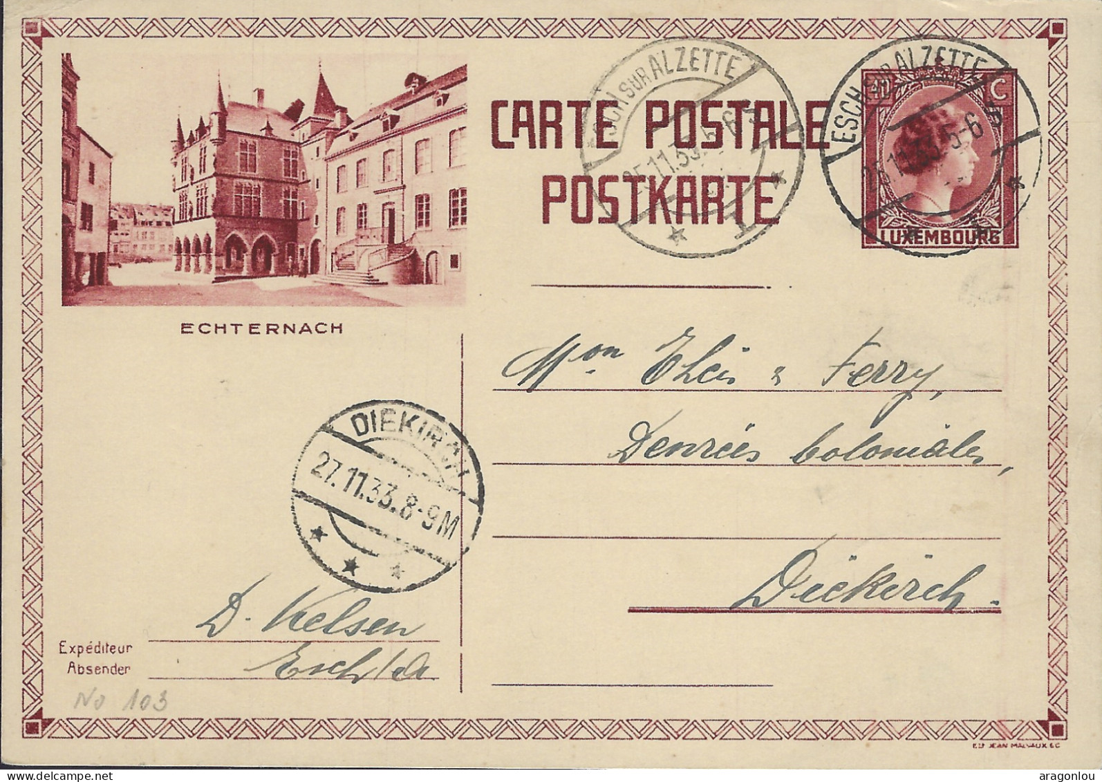 Luxembourg - Luxemburg - Carte-Postale  1933  -  Echternach  -   Cachet Diekirch - Cachet Esch/Alzette - Postwaardestukken