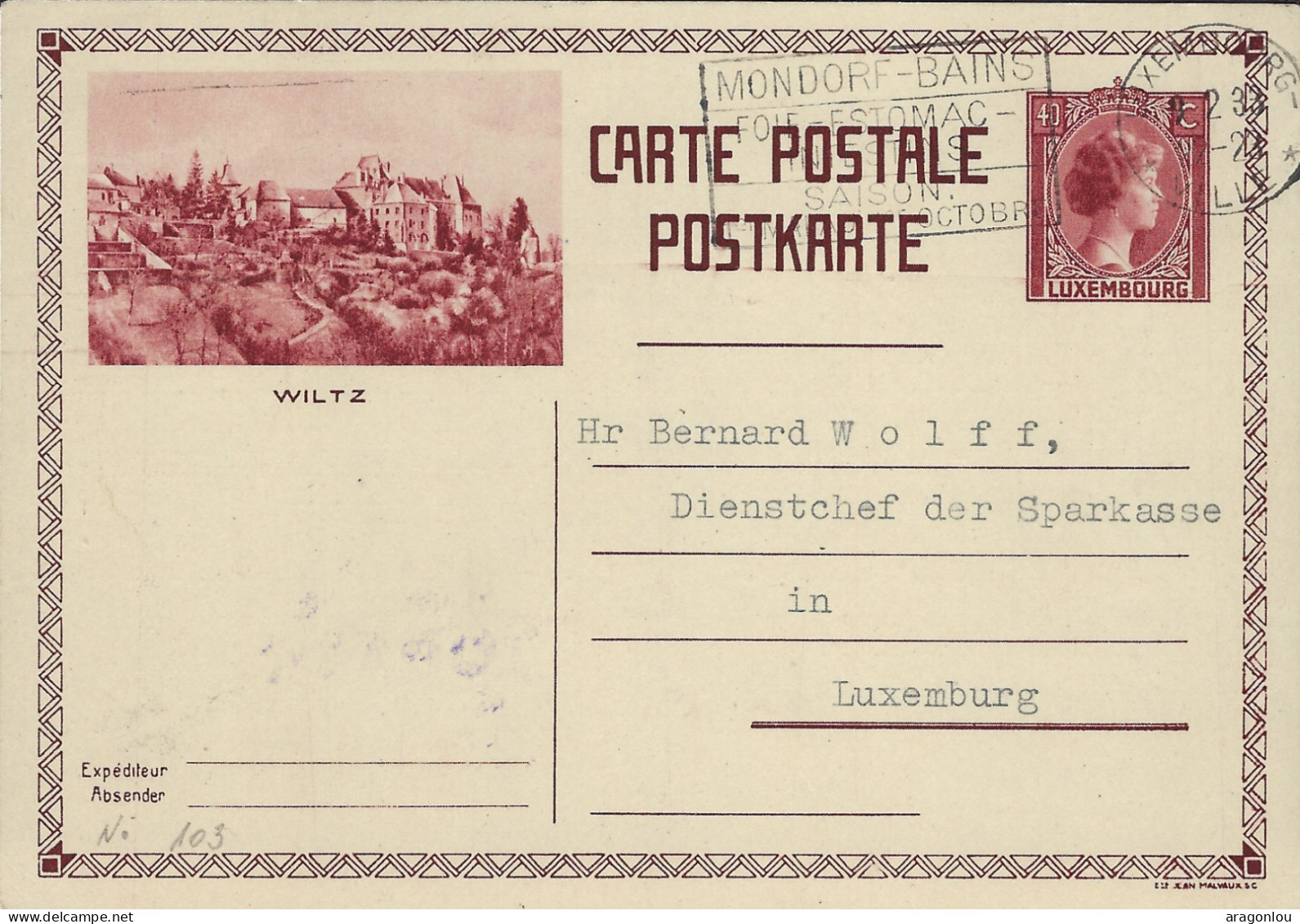 Luxembourg - Luxemburg - Carte-Postale  1933  -  Wiltz  -   Cachet Mondorf - Cachet Luxembourg - Stamped Stationery