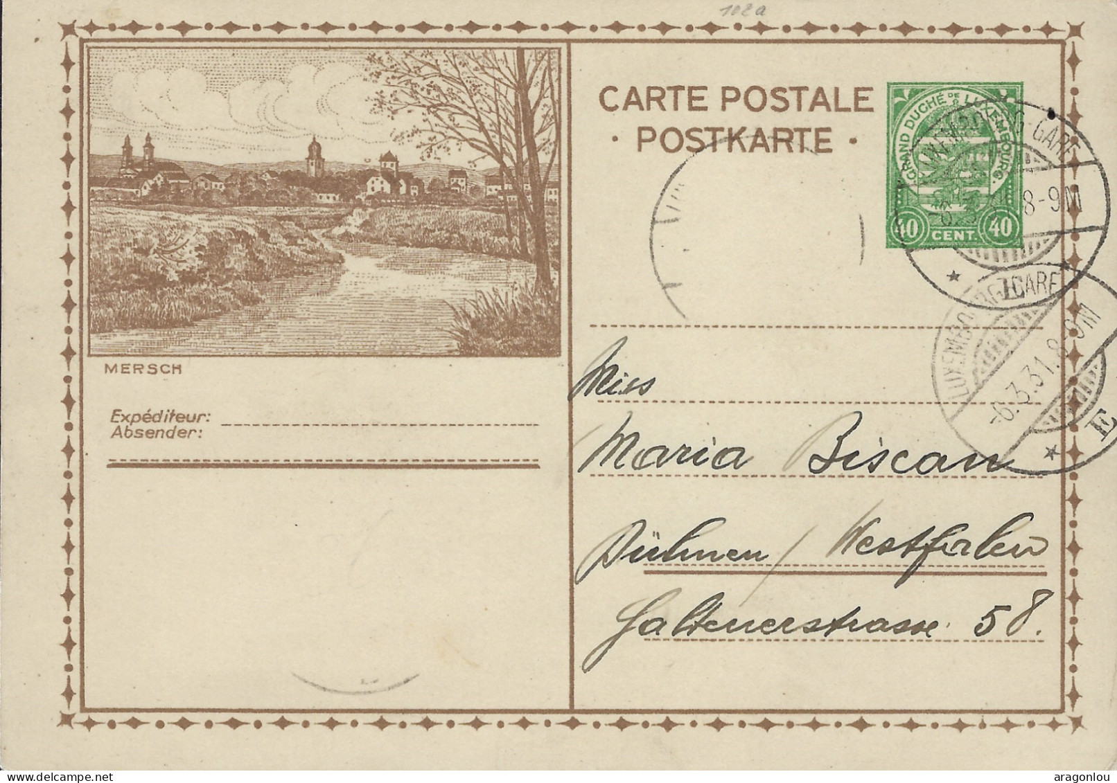 Luxembourg - Luxemburg - Carte-Postale  1931  -  Mersch -   Cachet  Luxembourg - Entiers Postaux