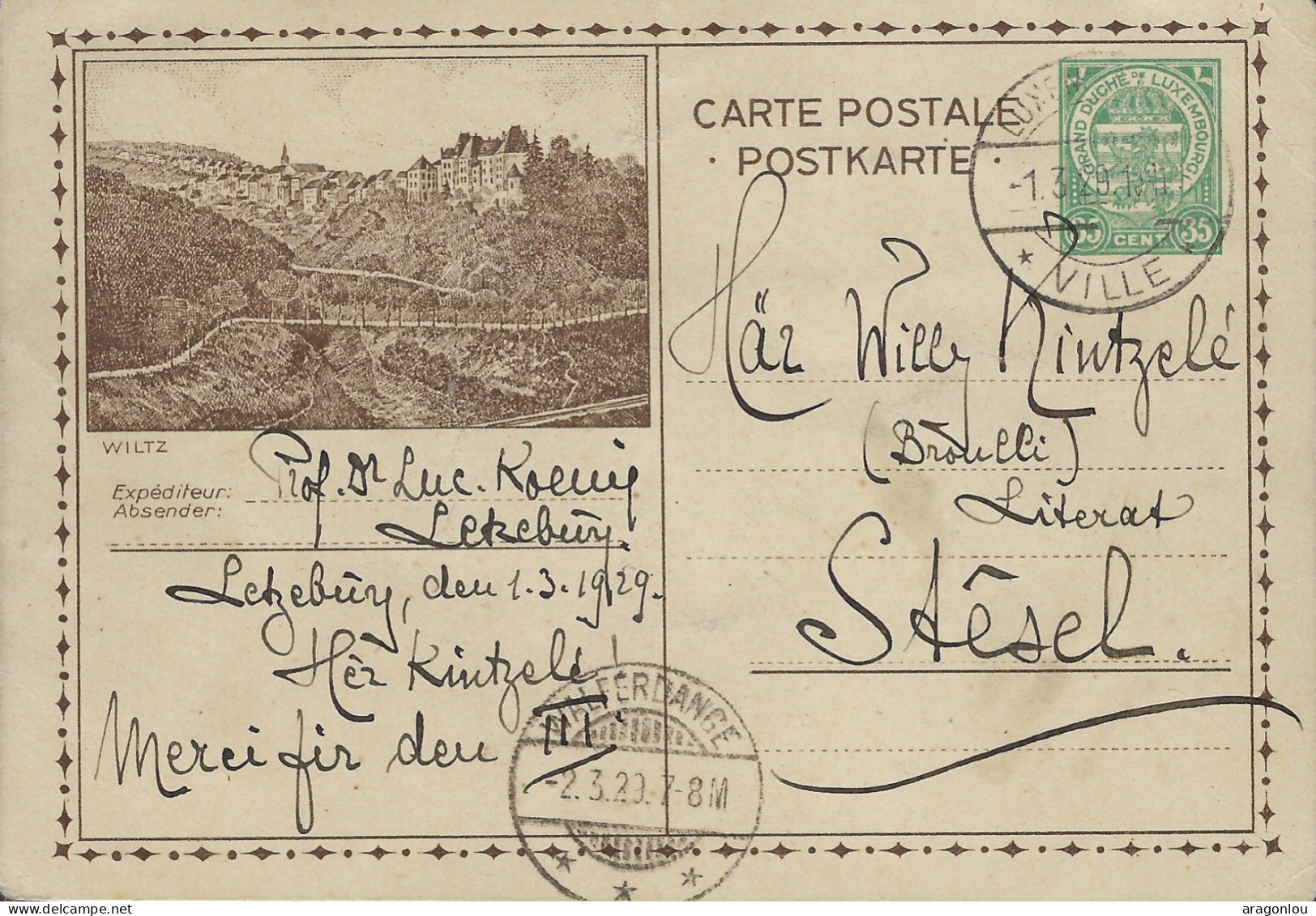 Luxembourg - Luxemburg - Carte-Postale  1929  -  Wiltz -   Cachet  Luxembourg - Stamped Stationery