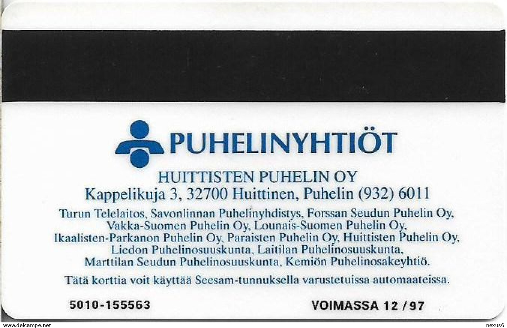 Finland - Turku (Magnetic) - D186 - Huittinen I, Cn.5010, Exp.12.1997, 10Mk, 2.500ex, Used - Finland