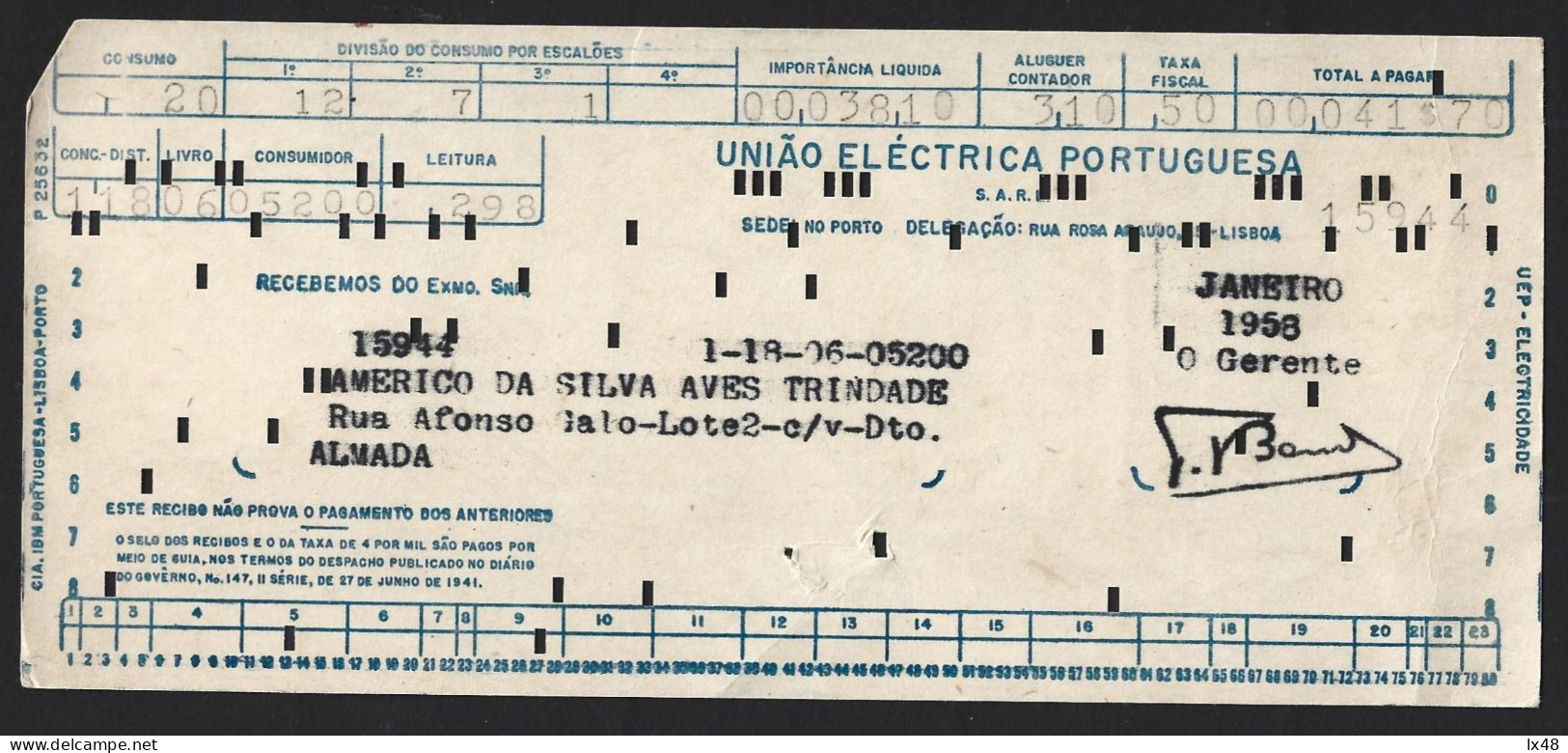 Recibo Electricidade Da União Eléctrica Portuguesa, Janeiro De 1958 De Almada. Electricity Receipt From União Eléctrica - Portugal