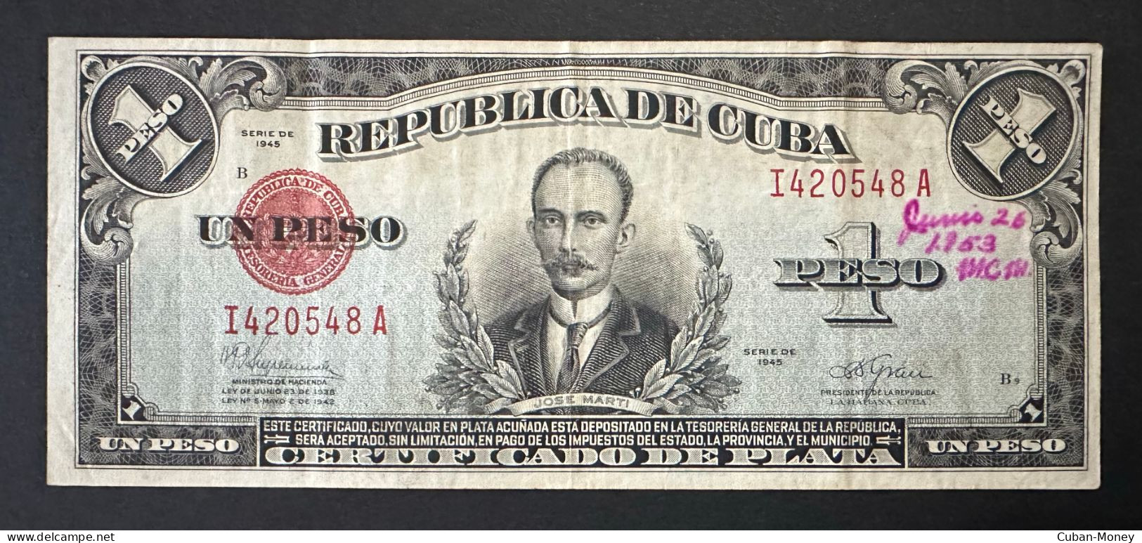 CUBA 1 PESO 1945 MBC+ Certificado De Plata - Kuba