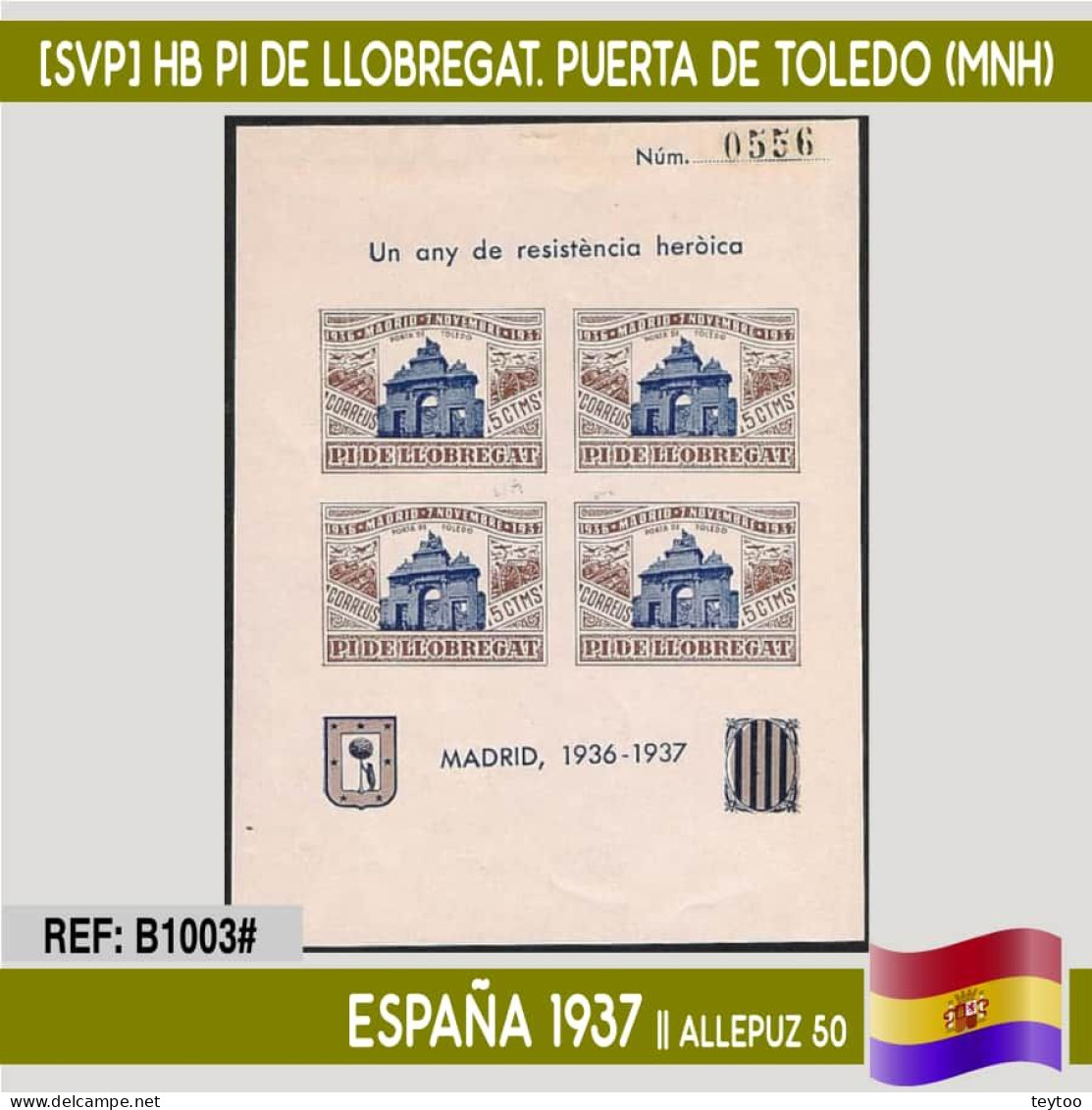 B1003# España 1937 [SVP] HB Pi De Llobregat. Puerta De Toledo (MNH) - Republican Issues