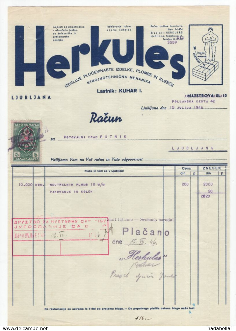 1946. YUGOSLAVIA,SLOVENIA,LJUBLJANA,HERKULES LOCKS MANUFACTURER,LETTERHEAD,INVOICE,1 OVERPRINTED REVENUE STAMP - Cartas & Documentos