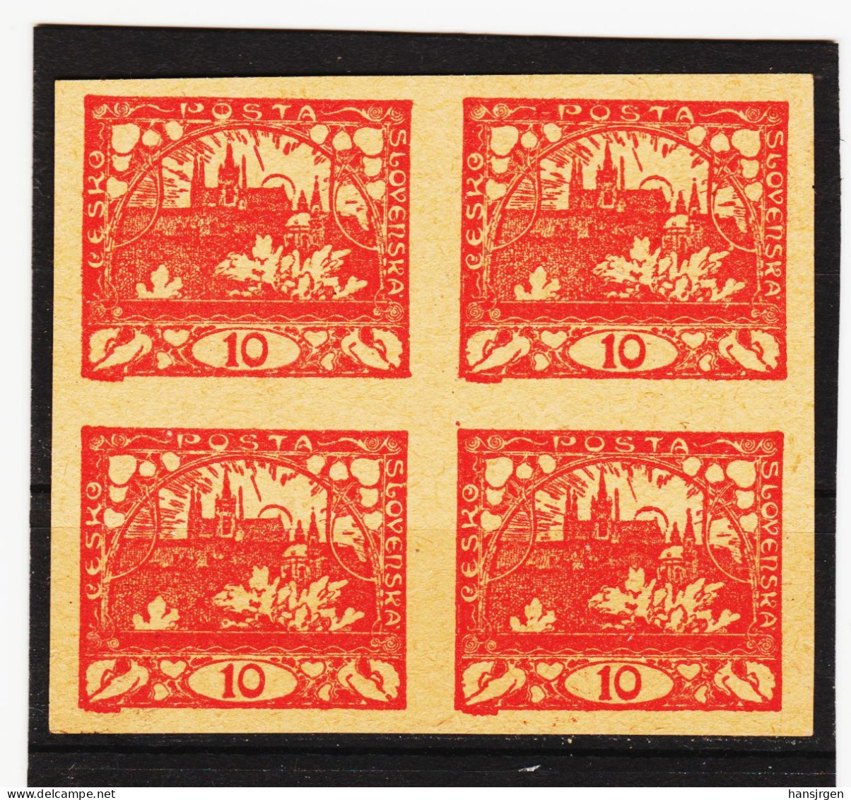 CAO122  TSCHECHOSLOWAKEI  1918  10 H Auf Gelben ANDRUCKPAPIER VIERERBLOCK  Ohne Gummi Ungez. - Unused Stamps