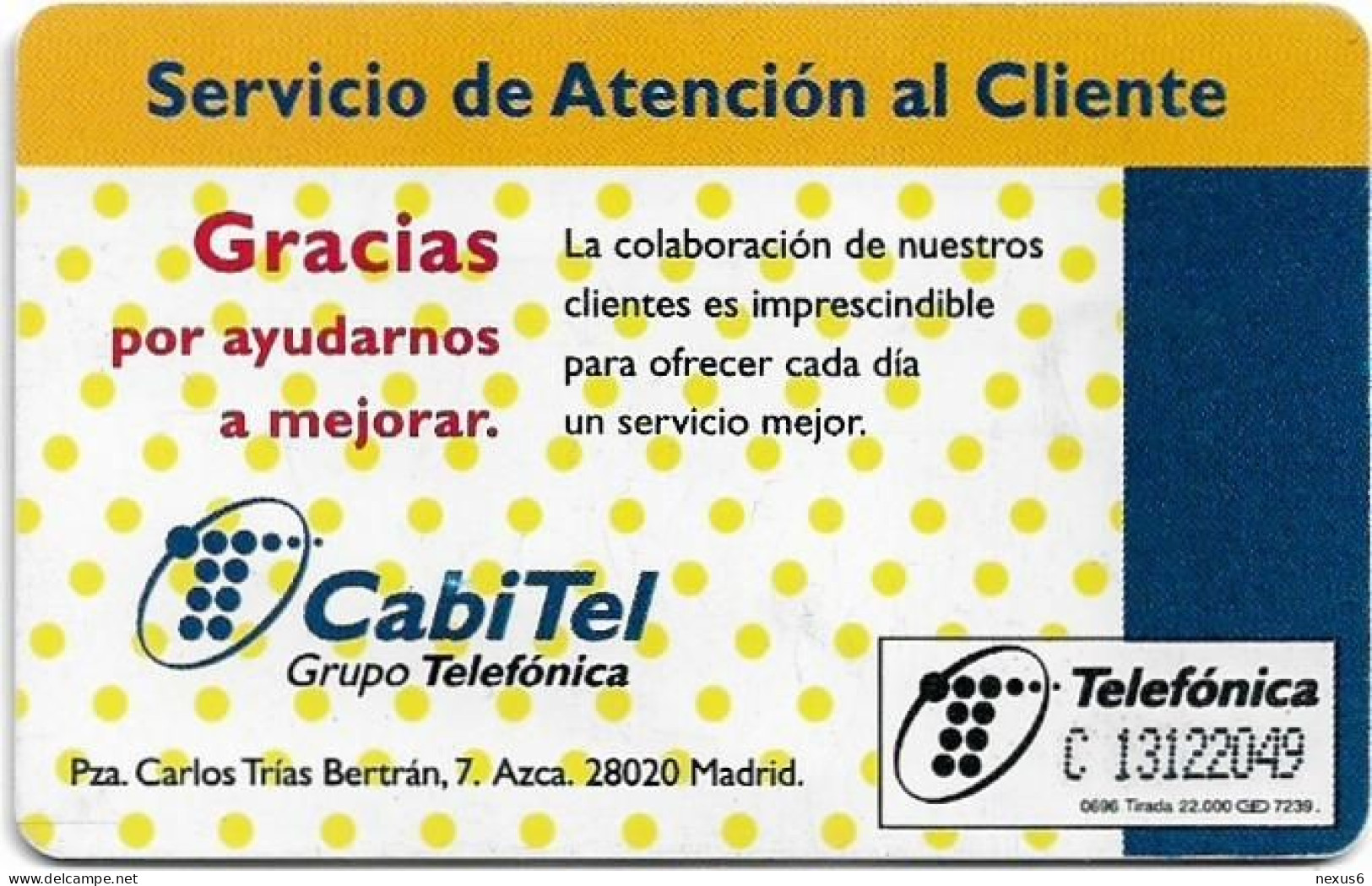Spain - Telefónica - Servicio De Atencion Al Cliente - P-208 - 06.1996, 1.000PTA, 22.000ex, Used - Emissions Privées