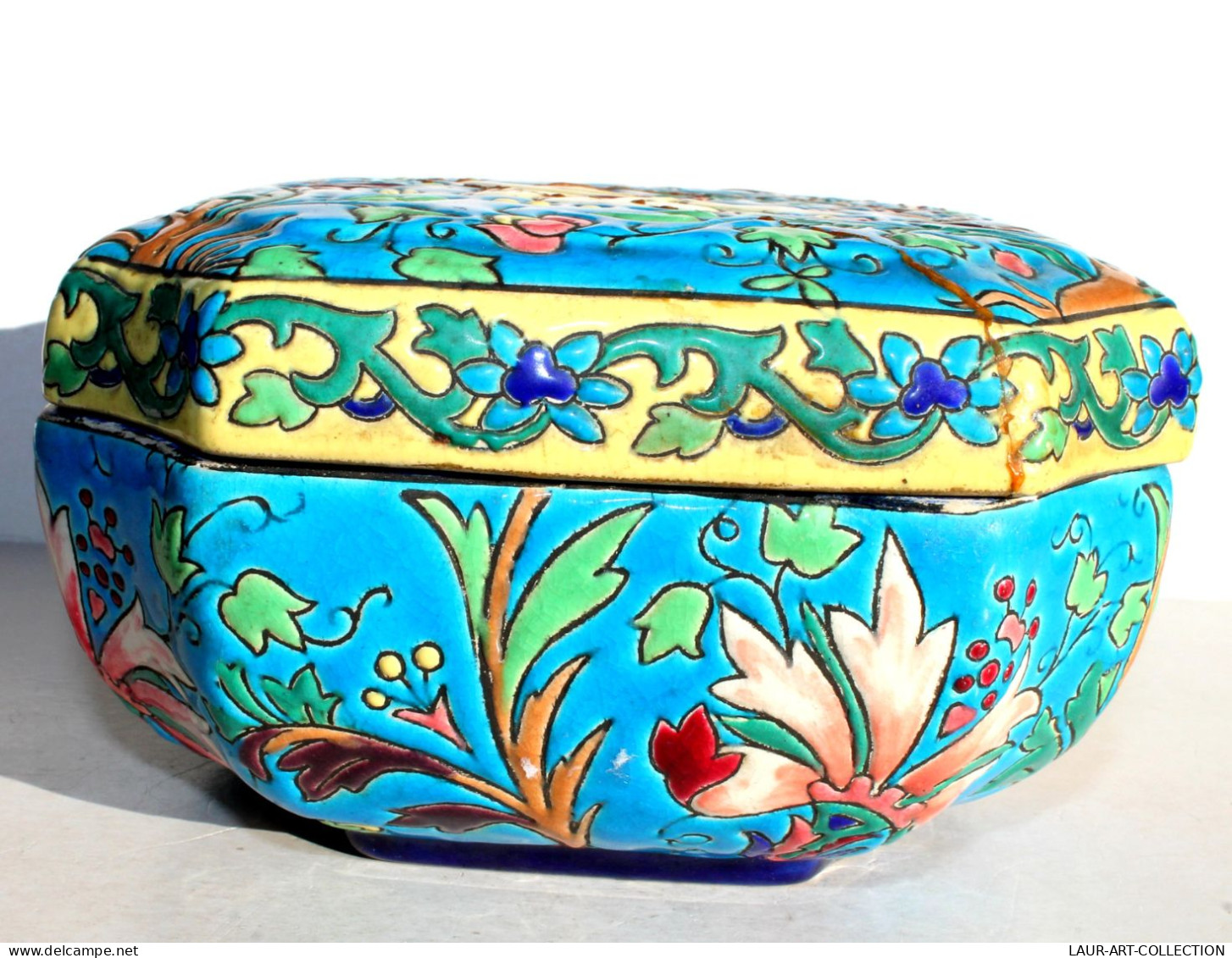 JOLIE ANCIENNE BOITE BONBONNIERE LONGWY En FAIENCE Et EMAUX CLOISONNÉS 15x15x9cm / ART DECORATIF FRANCAIS (0901.14) - Longwy (FRA)