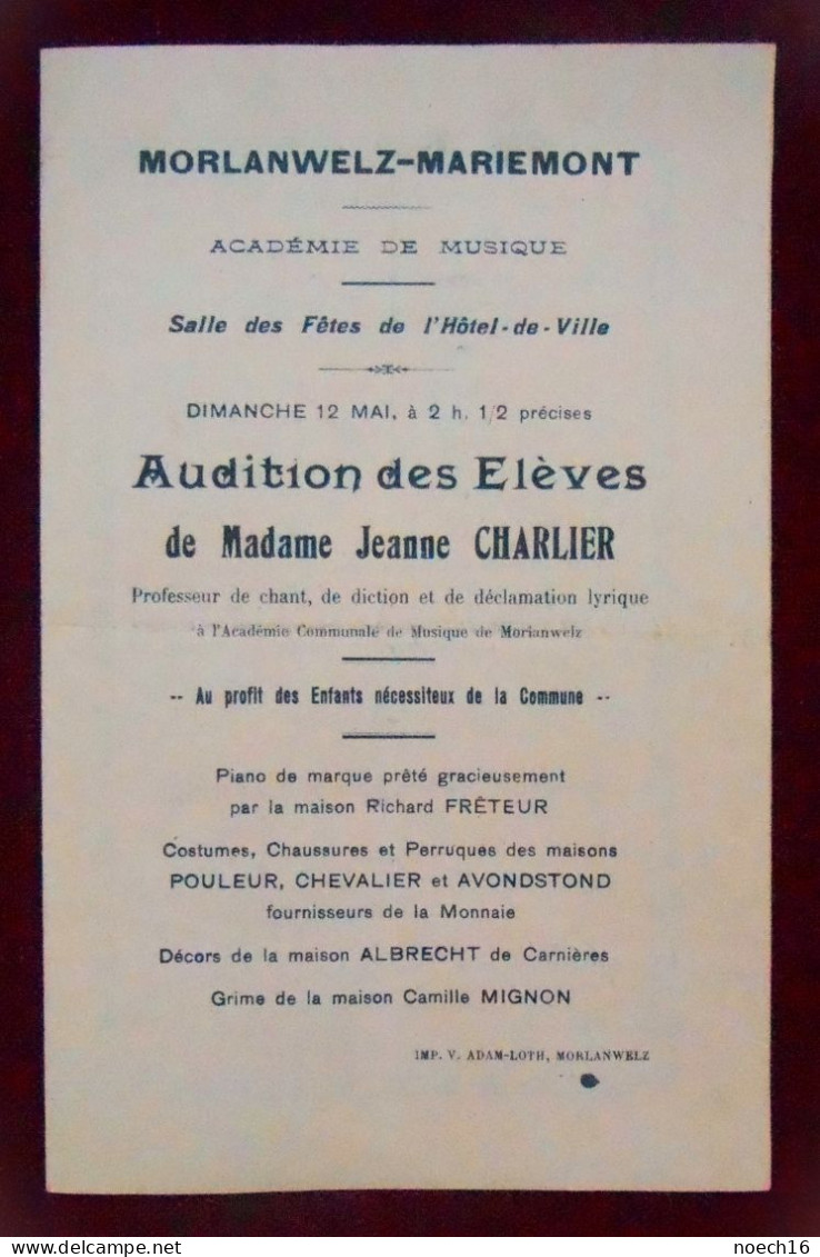 Programme Morlanwelz-Mariemont - Académie De Musique, Audition Des Elèves De Mme Jeanne Charlier - Programs