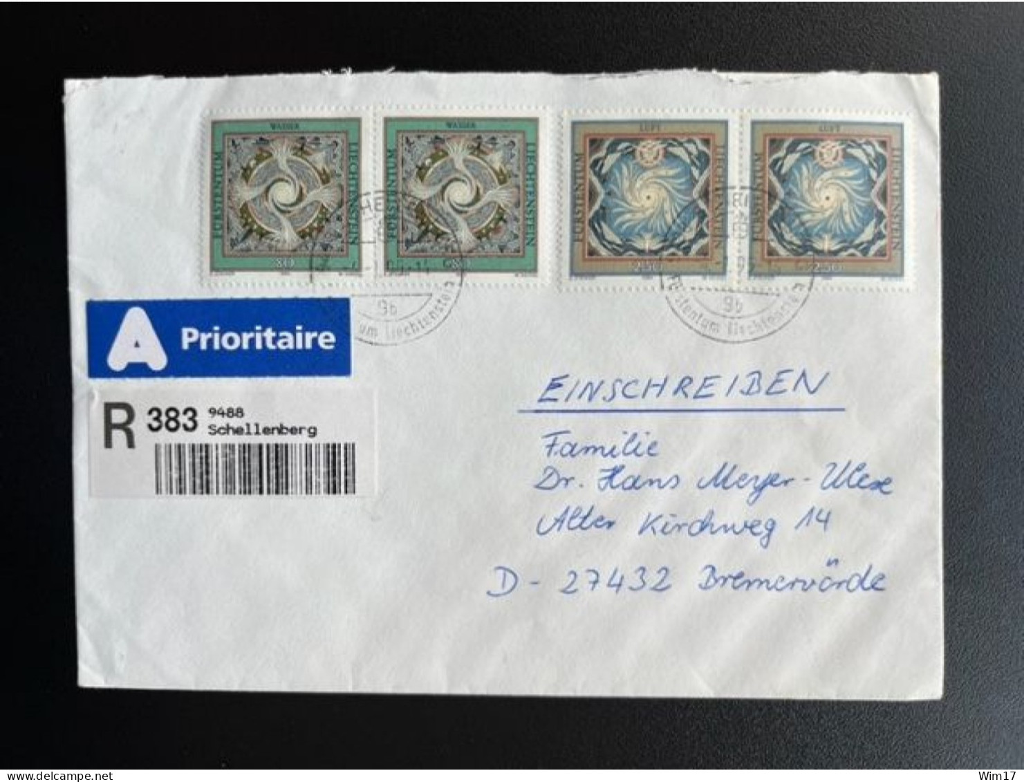 LIECHTENSTEIN 1995 REGISTERED LETTER SCHELLENBERG TO BREMERVORDE 04-01-1995 EINSCHREIBEN - Briefe U. Dokumente