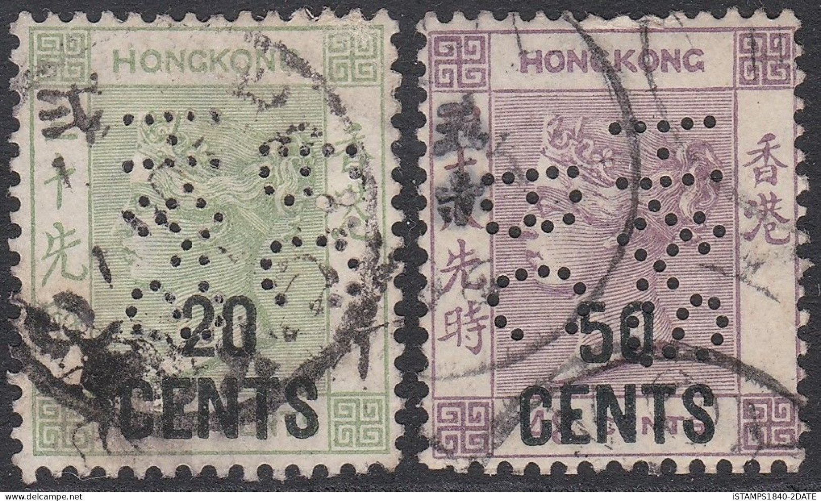 S00162/ Hong Kong 1891 QV SG (48/9) 20c + 50c Overprints Used Cds Perfin H & S BC Cv £20 - Oblitérés