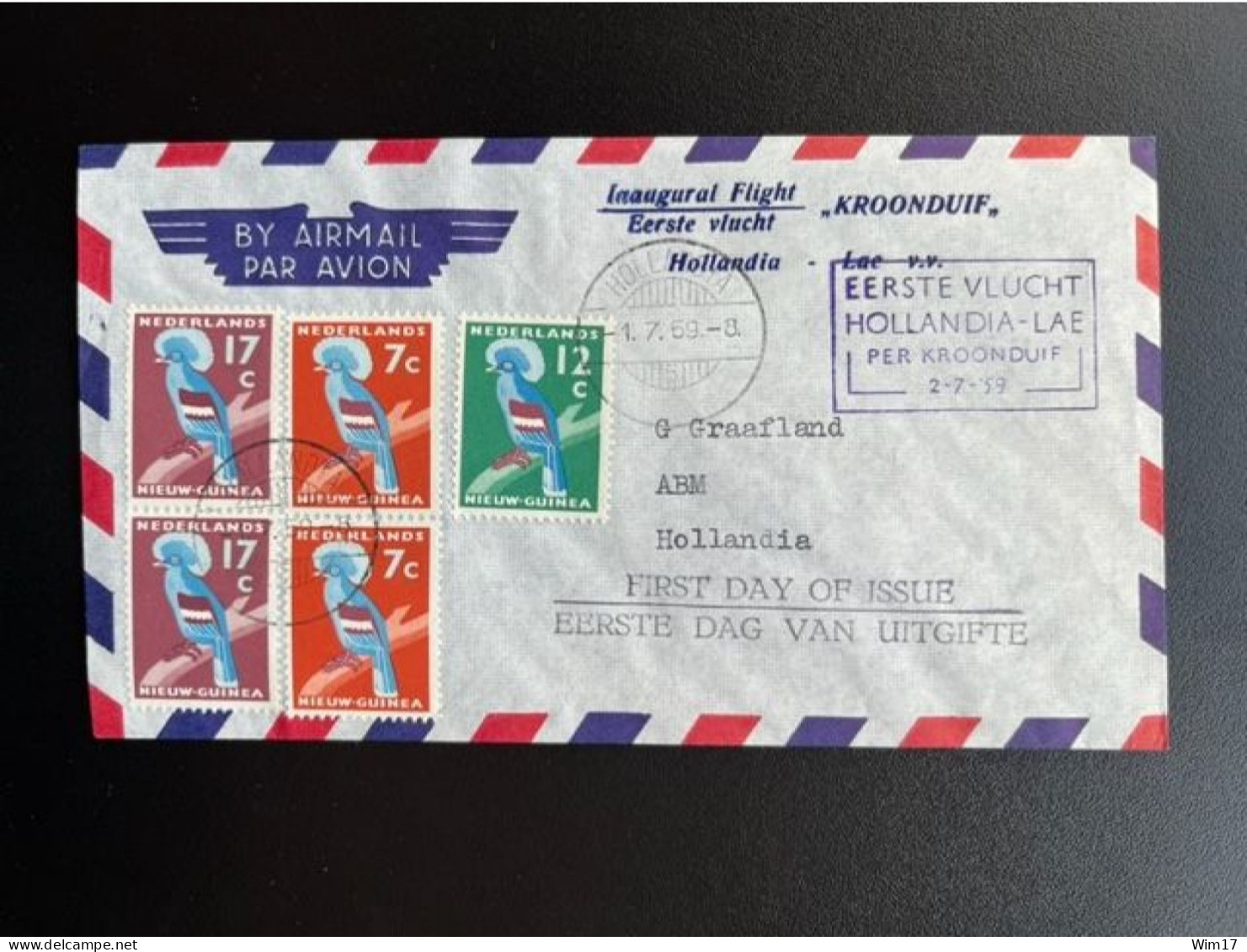 DUTCH NEW GUINEA 1959 AIR MAIL LETTER HOLLANDIA 01-07-1959 FIRST DAY OF ISSUE NEDERLANDS NIEUW GUINEA KROONDUIF PIGEON - Nueva Guinea Holandesa