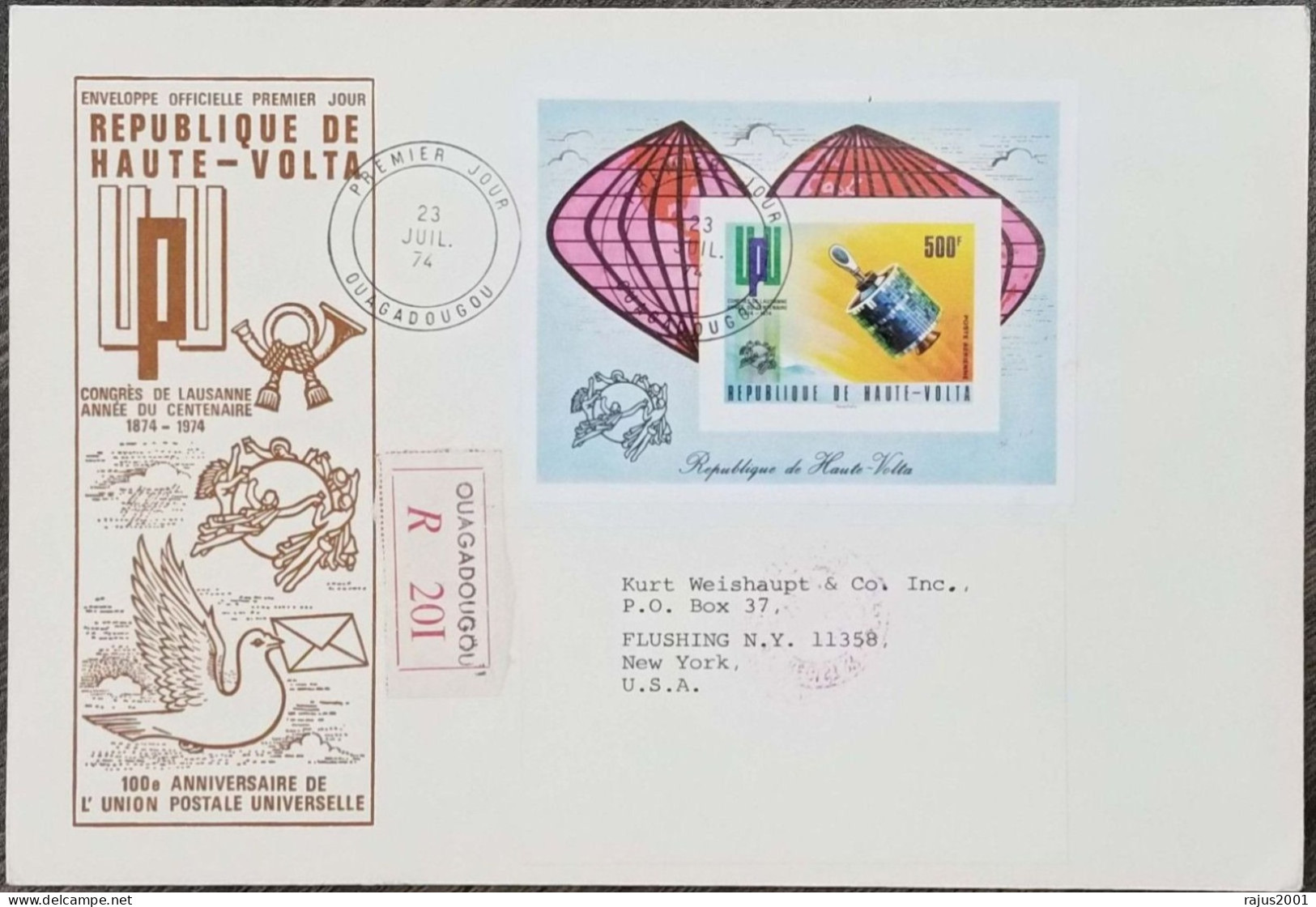 Centenary Of Universal Union Postal, U.P.U, UPU, Satellite, IMPERF MS Circulated Registered Cover FDC 1974 Upper Volta - UPU (Unione Postale Universale)