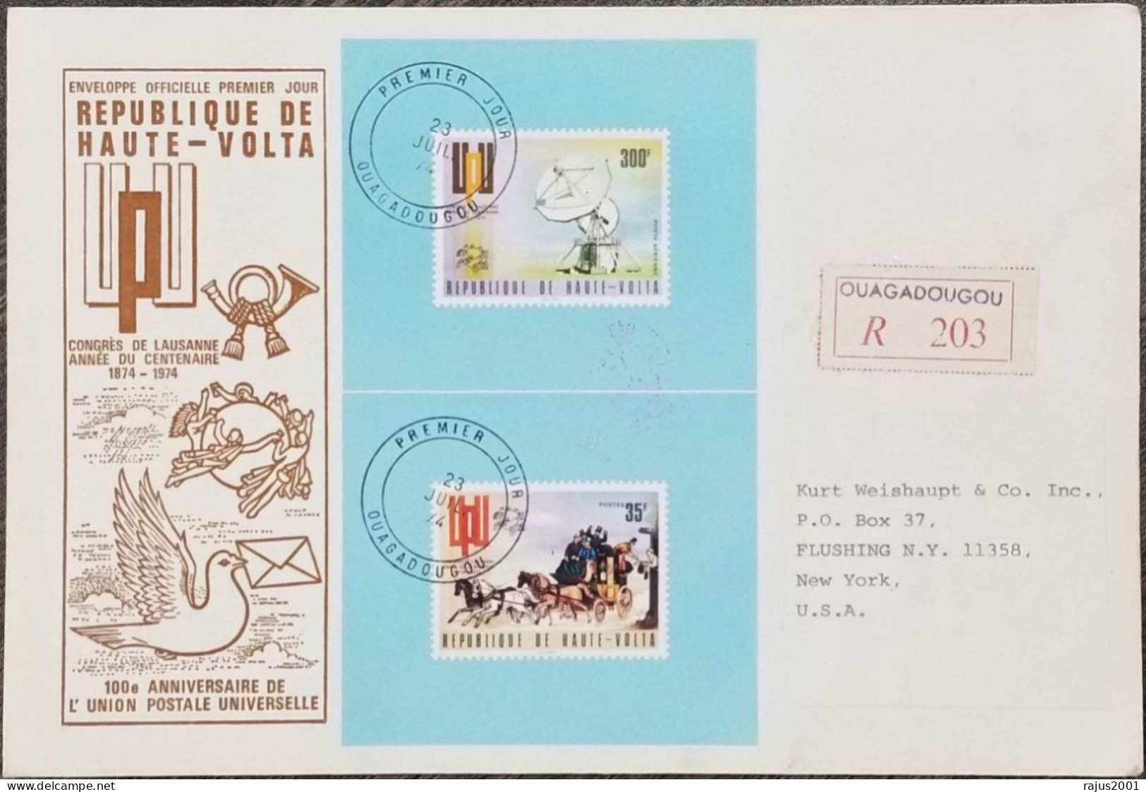 Centenary Of Universal Union Postal, U.P.U, UPU, Satellite, 2 IMPERF MS Circulated Registered Cover FDC 1974 Upper Volta - UPU (Universal Postal Union)