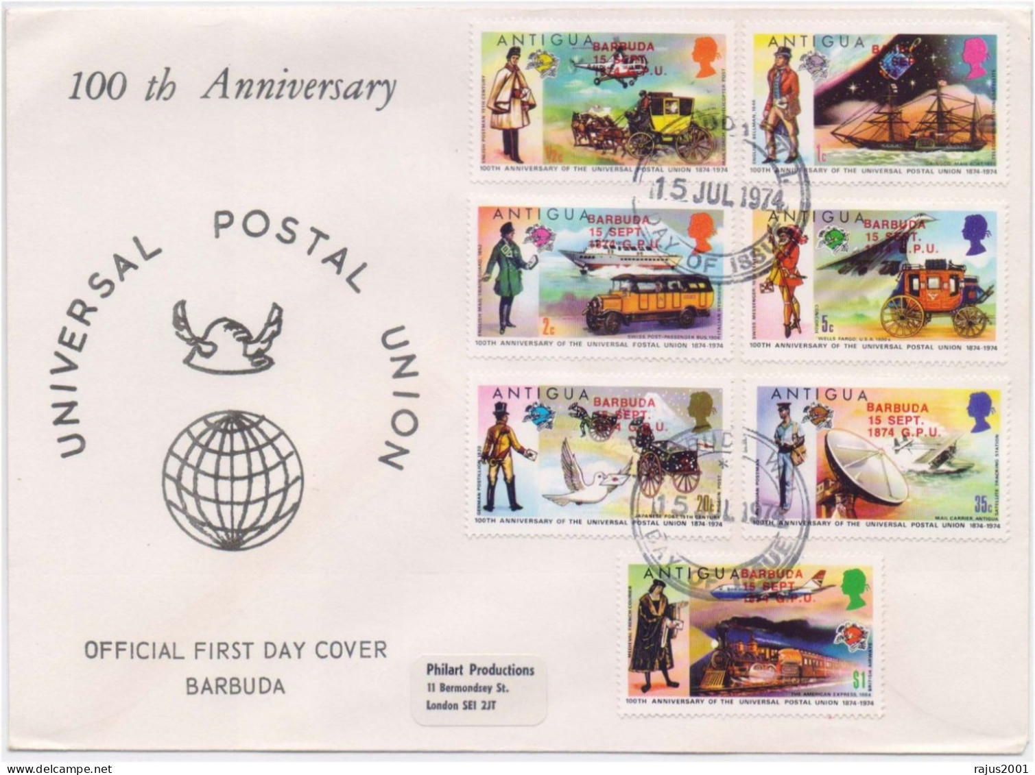 Universal Union Postal, UPU, Satellite, Bus, Helicopter, Concord, Bird, Train, Barbuda G.P.U. Red Overprint Antigua FDC - UPU (Union Postale Universelle)