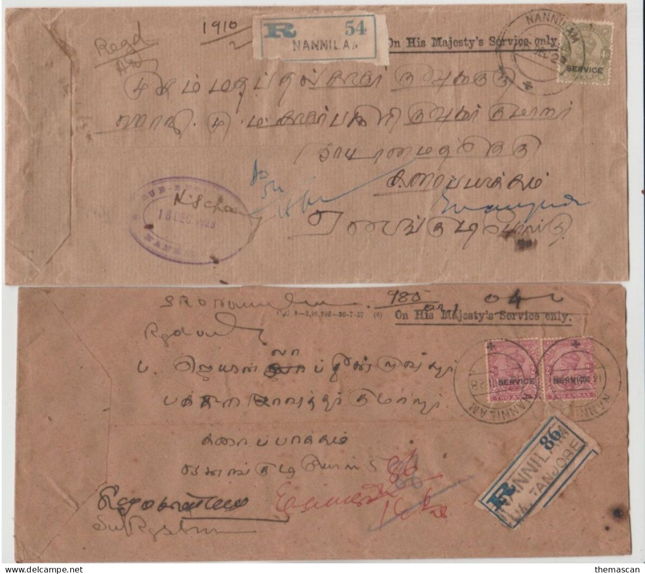 INDE 1928 & 1929  Lot  2  REGISTERED  SERVICE COVERS  From  NANNILAM       Réf   GF17-N - Lettres & Documents