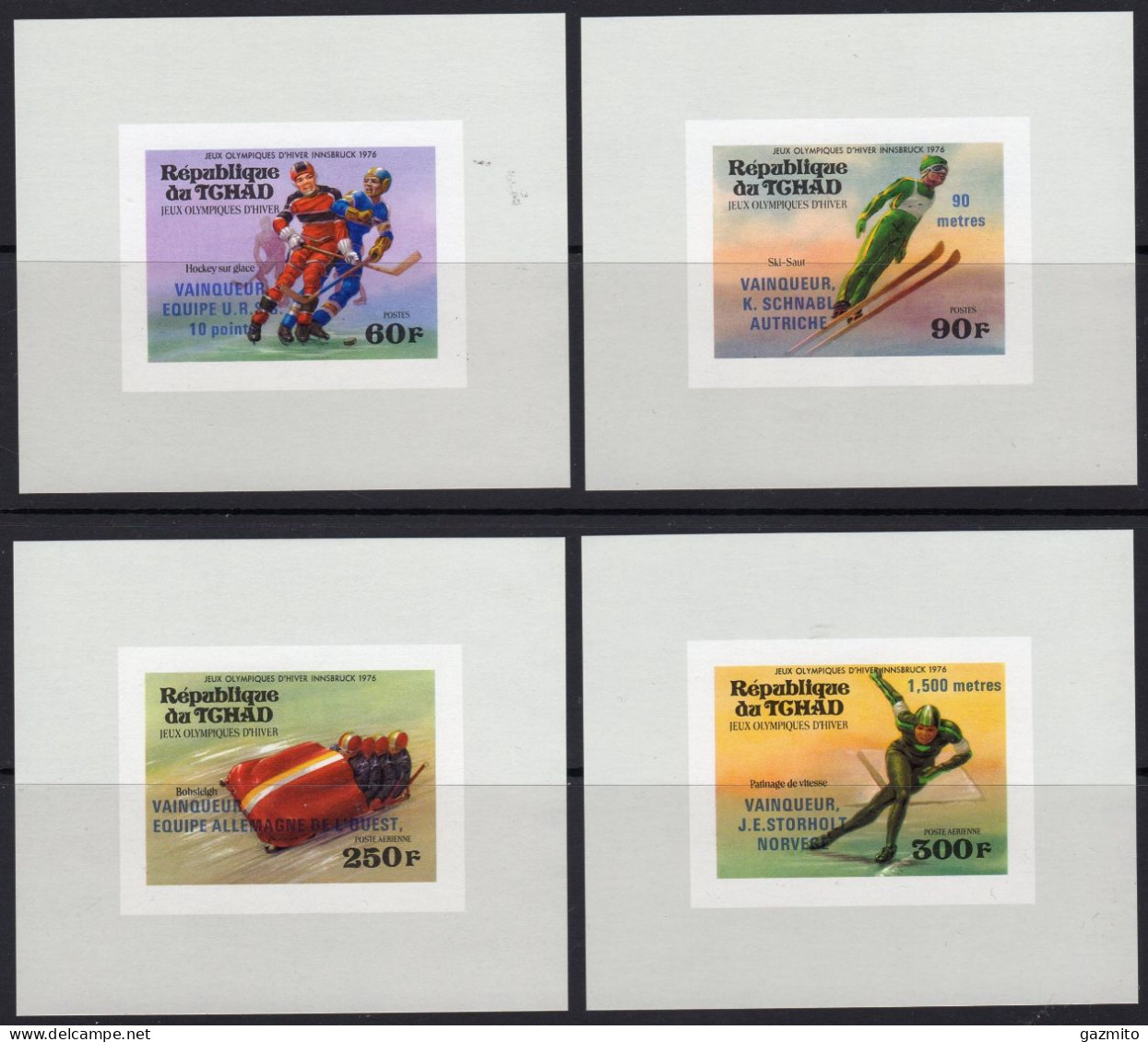 Tchad 1976, Olympic Games In Innsbruk, Overprinted Winners, Skiing, Ice Hockey, Skating, 4Blocks De Luxe IMPERFORATED - Pattinaggio Artistico