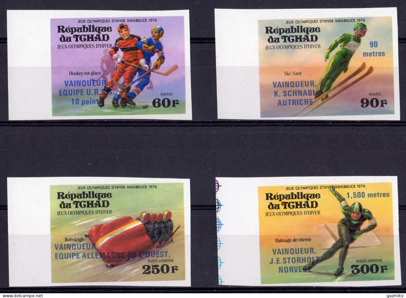 Tchad 1976, Olympic Games In Innsbruk, Overprinted Winners, Skiing, Ice Hockey, Skating, 4val IMPERFORATED - Hiver 1964: Innsbruck