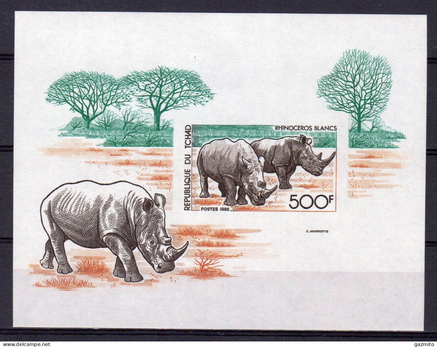 Tchad 1985, Animals, Rhino, BF IMPERFORATED - Neushoorn