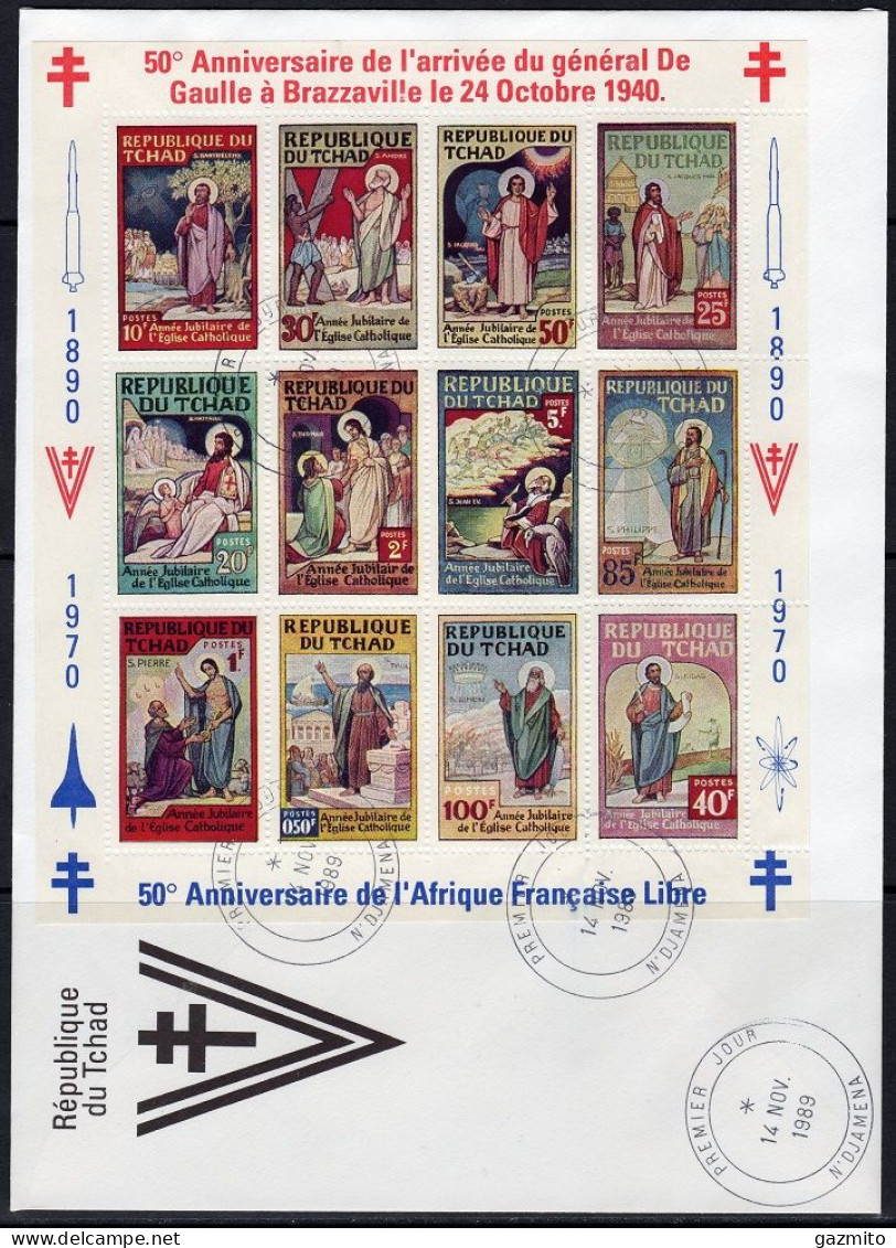 Tchad 1989, Catholic Jubilee, Saints, De Gaulle, Concorde, 12val In BF In FDC - Tableaux
