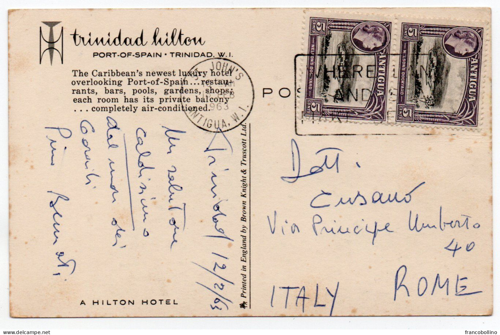 TRINIDAD & TOBAGO - WEST INDIES - TRINIDAD HILTON PORT OF SPAIN,TRINIDAD / HOTEL / WITH ANTIGUA STAMPS 1963 - Trinidad