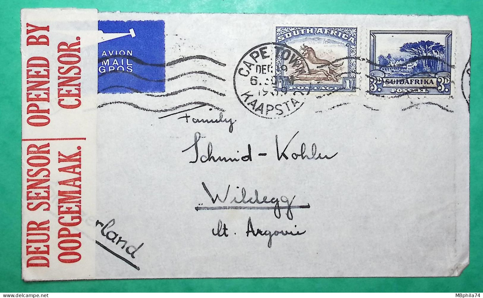 LETTER CAPE TOWN SOUTH AFRICA FOR WILDEGG SWITZERLAND CENSOR 1939 WW2 - Poste Aérienne