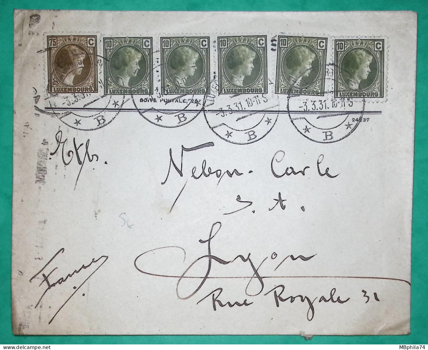 10C X5 + 75C CHARLOTTE LUXEMBOURG LETTRE POUR LYON FRANCE 1931 COVER - 1926-39 Charlotte Rechterzijde