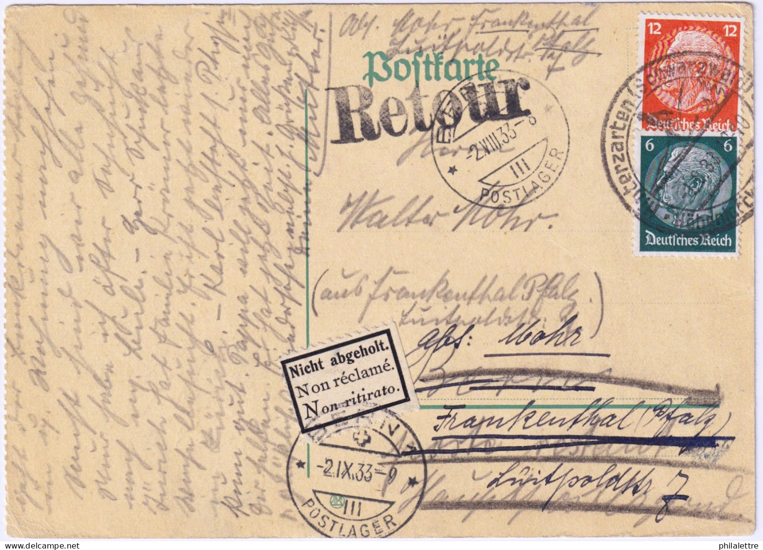 ALLEMAGNE / GERMANY - 1933 - Étiquette De Retour Trilingue Suisse (Non Réclamé) Sur Carte De Hnterzarten à Berne, Suisse - Storia Postale