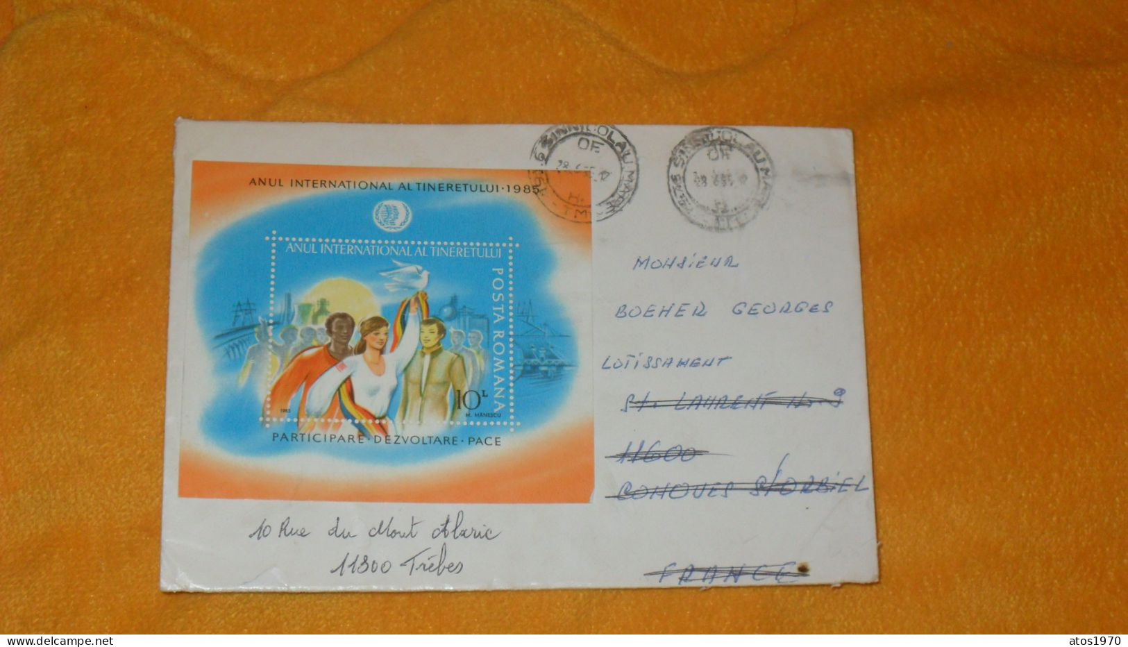 ENVELOPPE DE 1985../ ROUMANIE..CACHETS DEPART ?..POUR TREBES FRANCE + TIMBRE BLOC ANUL INTERNATIONAL AL... - Storia Postale