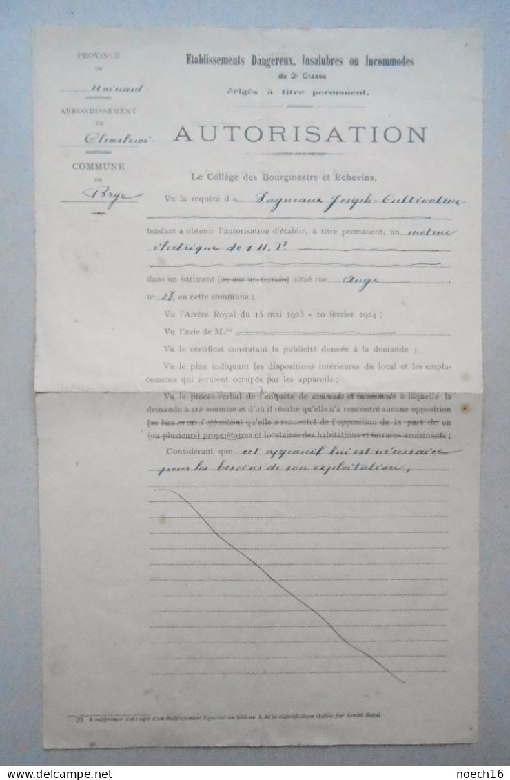1945 Commune De Brye (Fleurus) Autorisation D'établir Un Moteur électrique Au 28 Rue Auge - Wetten & Decreten