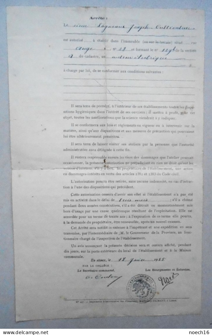 1945 Commune De Brye (Fleurus) Autorisation D'établir Un Moteur électrique Au 28 Rue Auge - Décrets & Lois