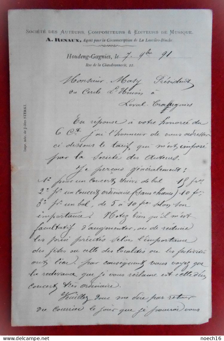 1891 Houdeng-Goegnies,Tarif Société Des Auteurs, Compositeurs & Editeurs De Musique -> Cercle L'Union, Leval-Trahegnies - 1800 – 1899