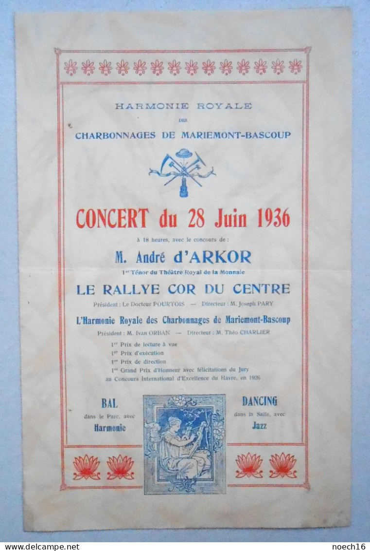 Programme Harmonie Royale Des Charbonnages De Mariemont-Bascoup, Concert Du 28 Juin 1936 - Programmes