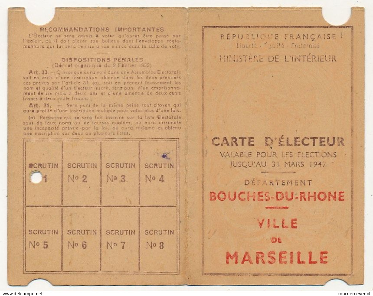 FRANCE - Carte D'électeur X2 1947 - Ville De Marseille (B Du R) - Rue Jean Mermoz Et Croix Rouge - Documents Historiques