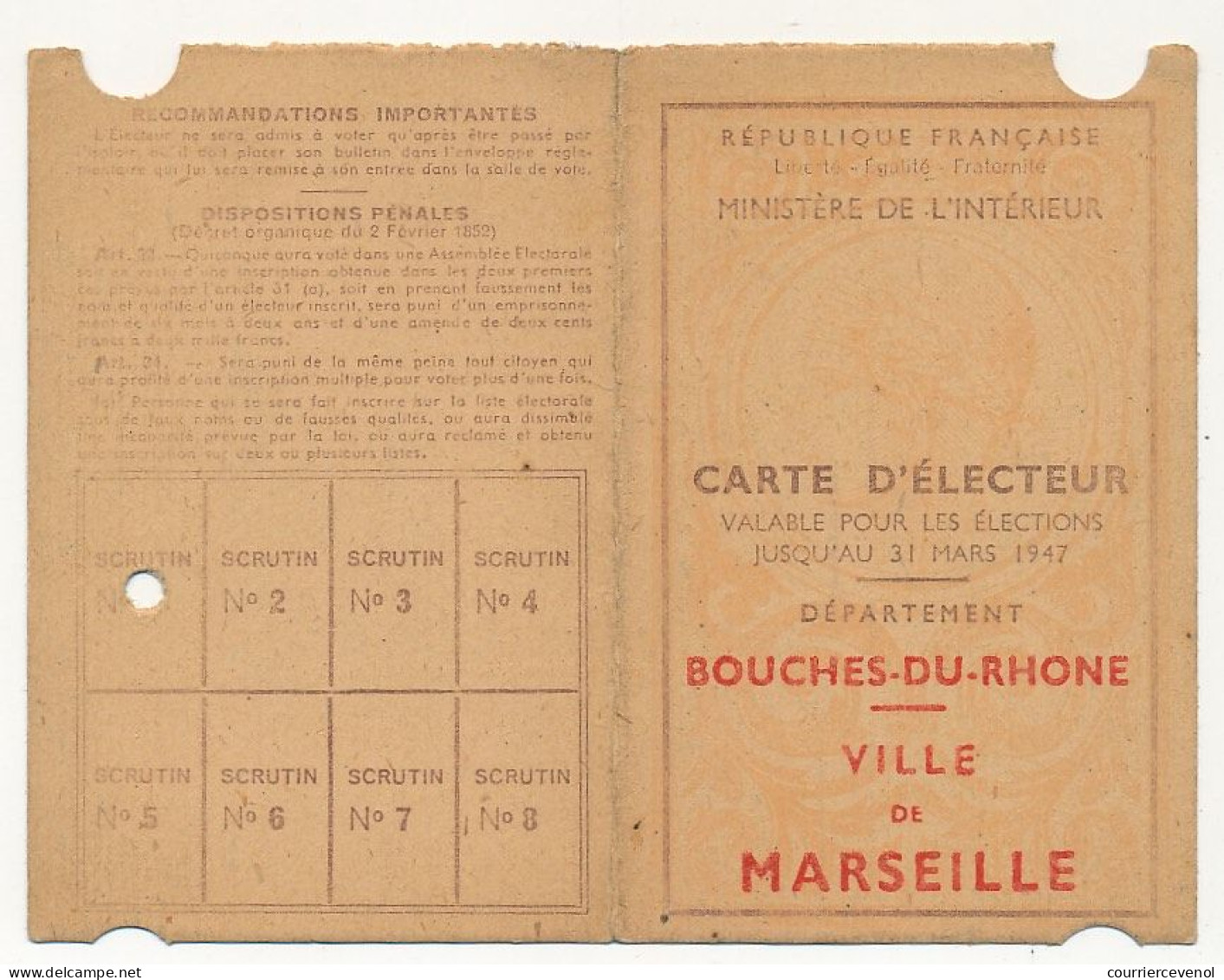 FRANCE - Carte D'électeur X2 1947 - Ville De Marseille (B Du R) - Rue Jean Mermoz Et Croix Rouge - Documents Historiques