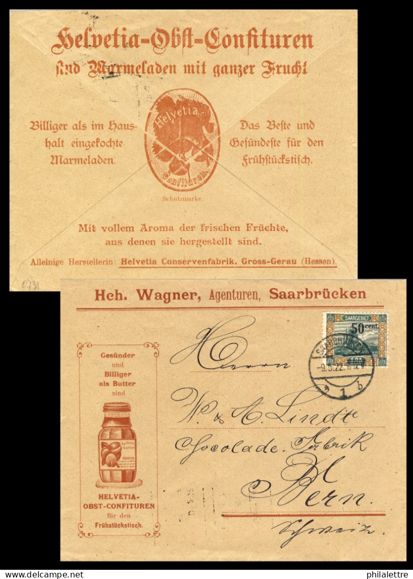 SARRE / SAARGEBIET - 1922 Yv.77 / Mi.78A On Illustrated Cover To Bern, Switzerland / Enveloppe Illustrée Pour Berne - Covers & Documents