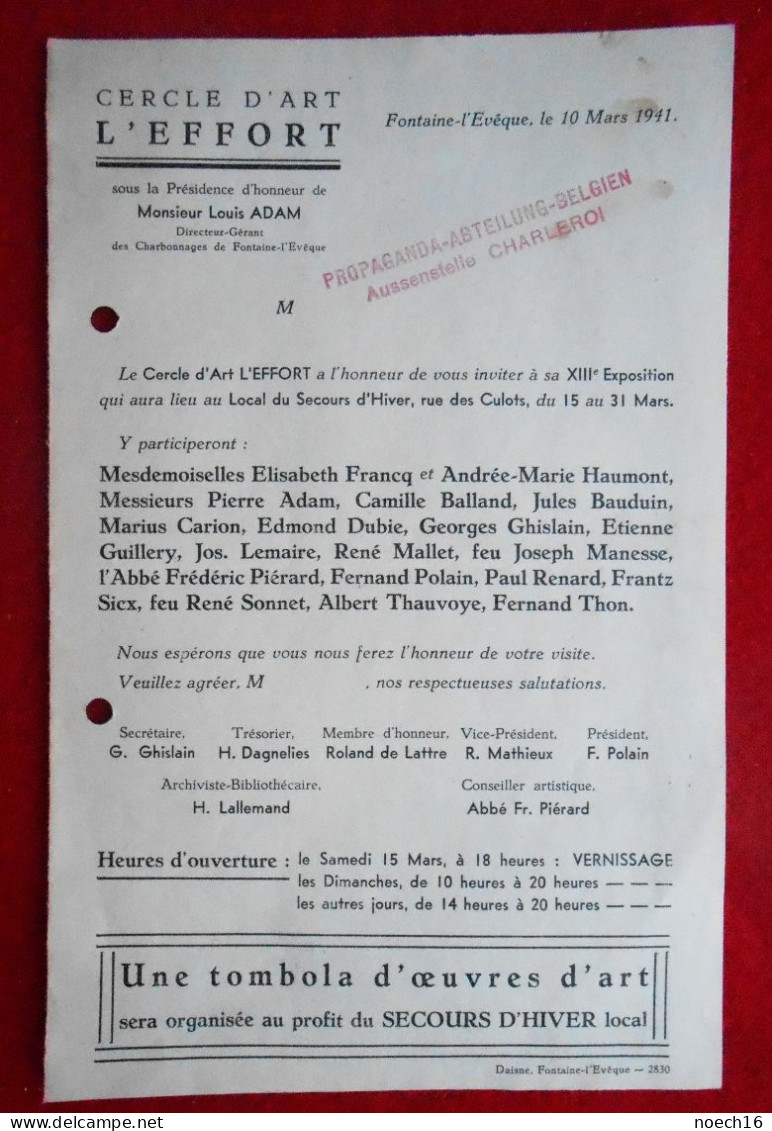 Fontaine-l'Evêque, 1941 Exposition Du Cercle D'Art L'Effort - Propaganda-Abteilung-Belgien  Aussenstelle Charleroi - Programme