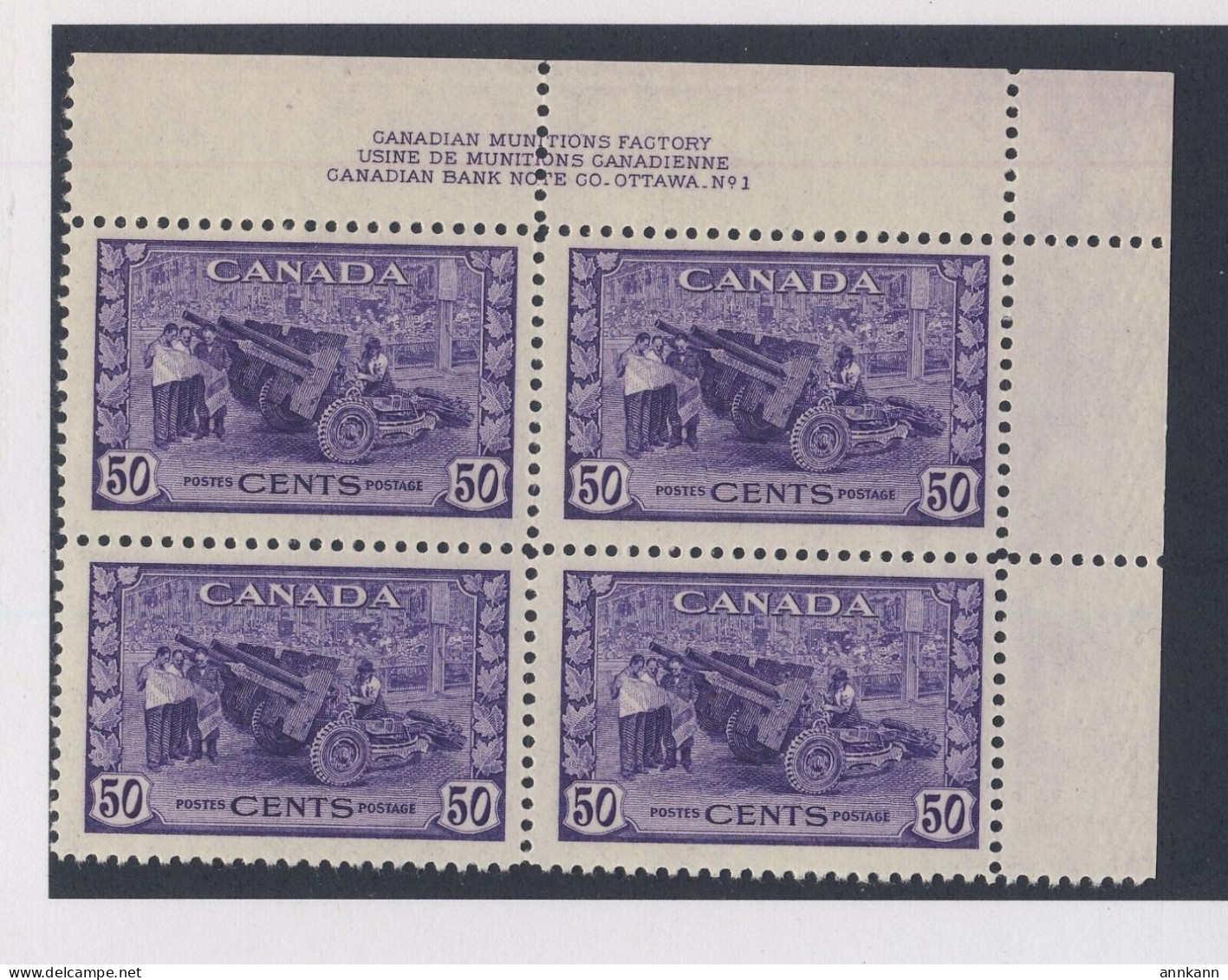 Canada Plate Block #1 Stamp #261 -50c MUNITIONS FACTORY Armories MH On Top Selvedge VF GV=$225.00 - Blokken & Velletjes