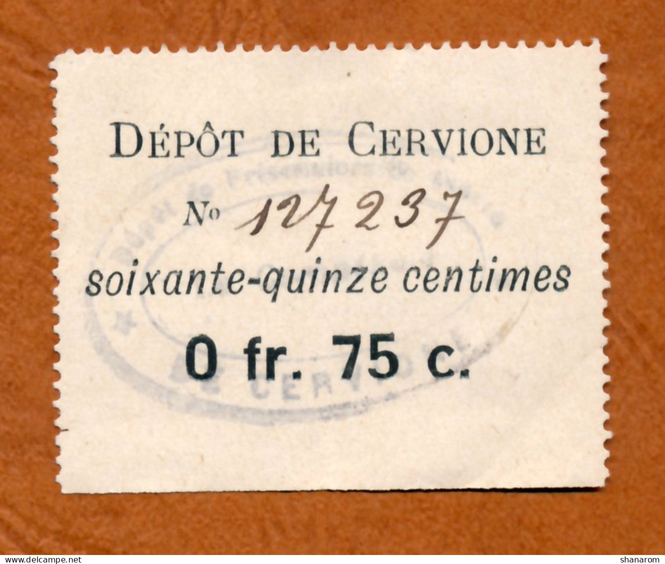 1918-1918 // P.O.W. // HAUTE-CORSE (2B) // DEPOT De CERVIONE // Bon De Soixante Quinze Centimes - Bons & Nécessité