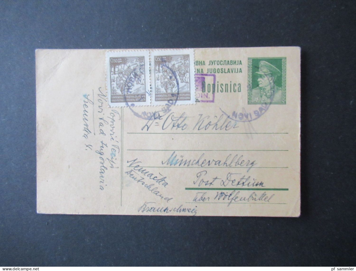 Jugoslawien Ausgabe 1945 Verwendet 1947 Mit Violettem Stempel Und 2x ZuF Nach Mönchevahlberg Post Dettum - Briefe U. Dokumente