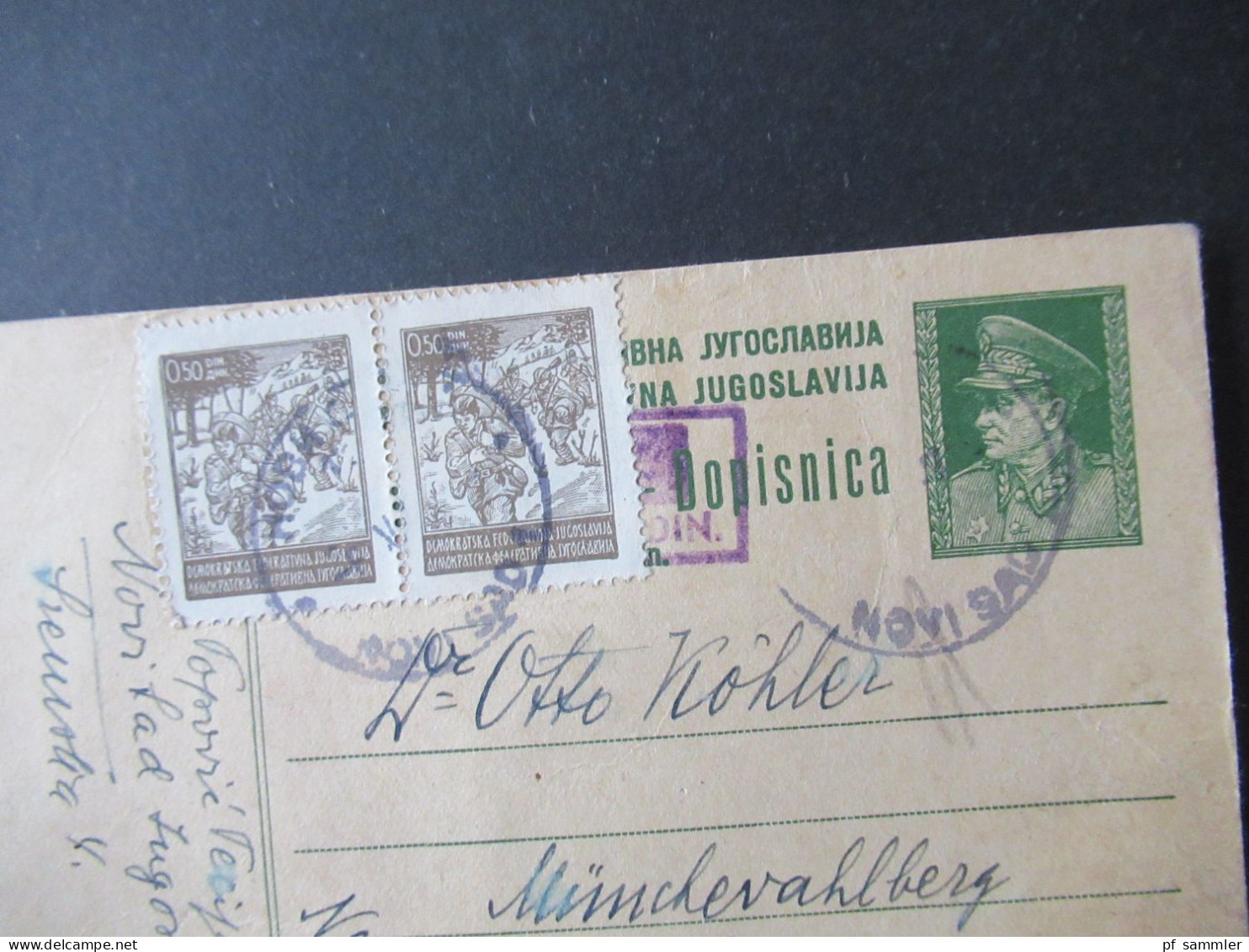 Jugoslawien Ausgabe 1945 Verwendet 1947 Mit Violettem Stempel Und 2x ZuF Nach Mönchevahlberg Post Dettum - Storia Postale