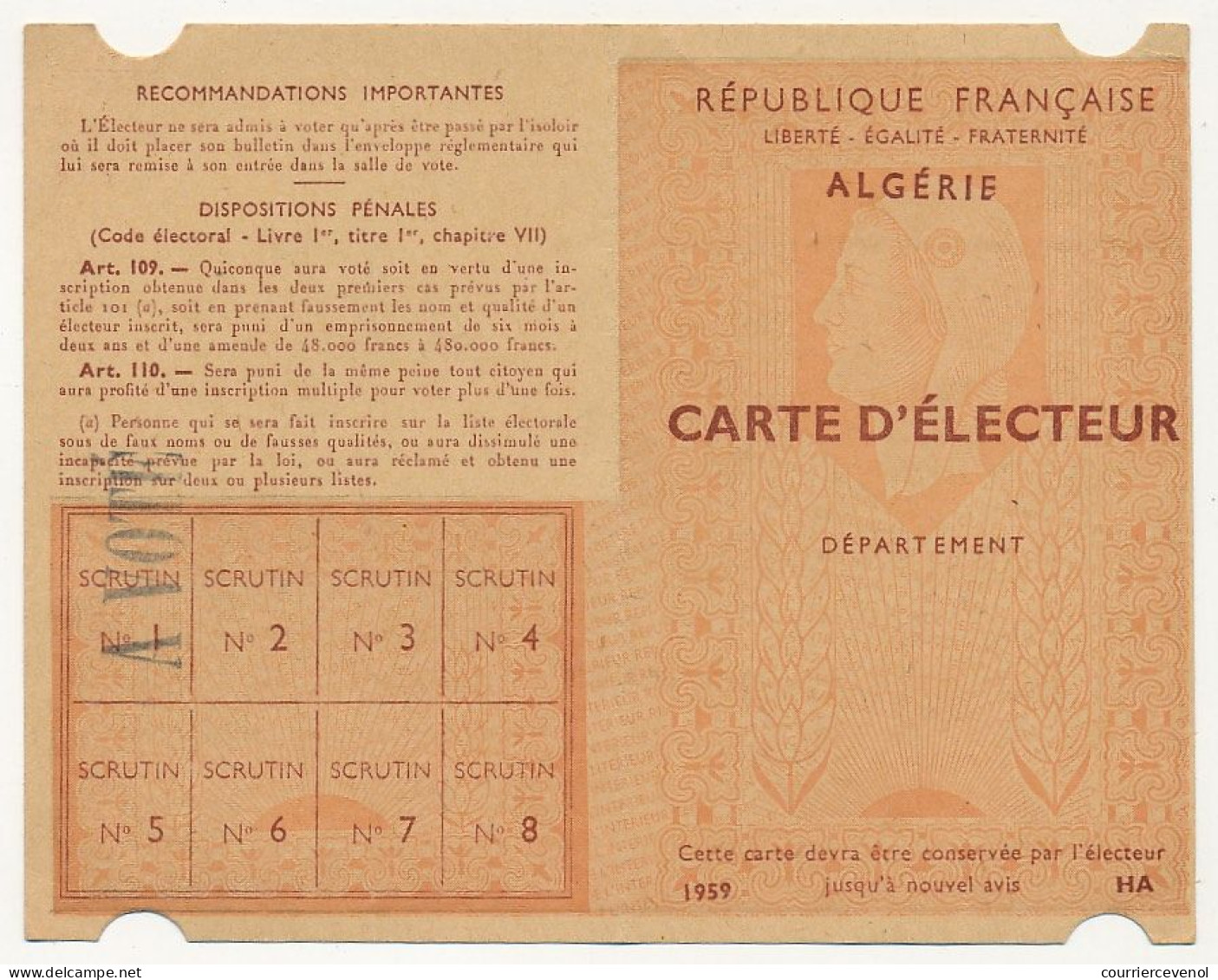 FRANCE / ALGERIE - Carte D'électeur X2 1959 - Algérie - Ville D'Alger, Salle Des Fêtes - (Couple) - Documents Historiques