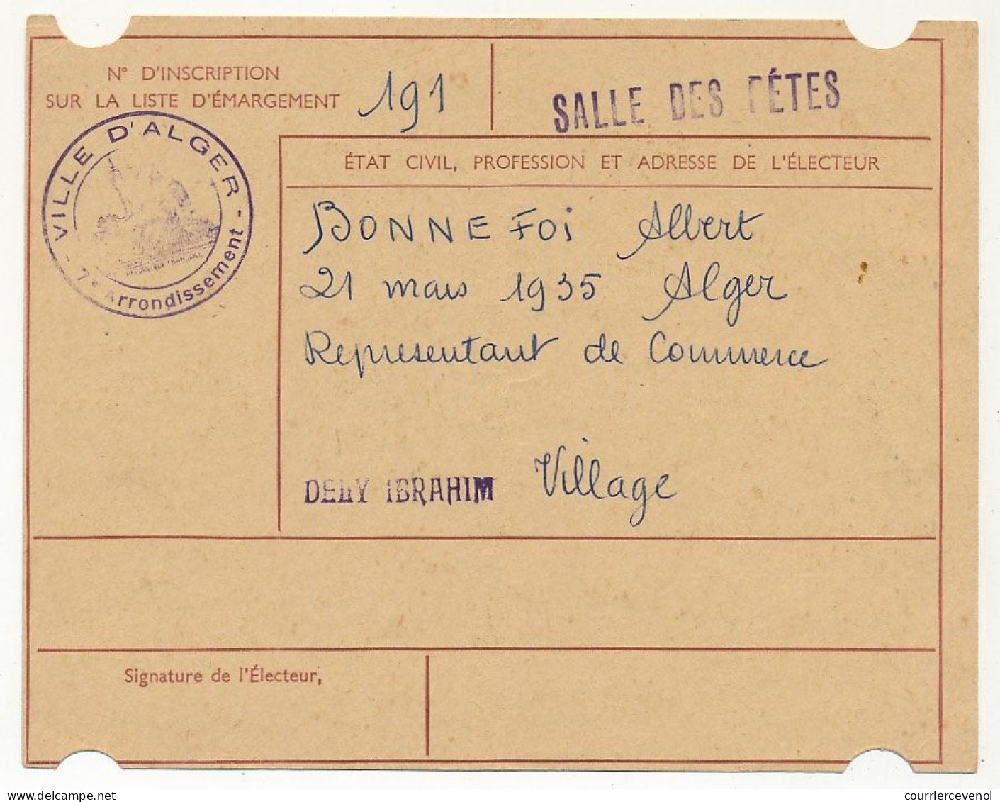 FRANCE / ALGERIE - Carte D'électeur X2 1959 - Algérie - Ville D'Alger, Salle Des Fêtes - (Couple) - Documents Historiques