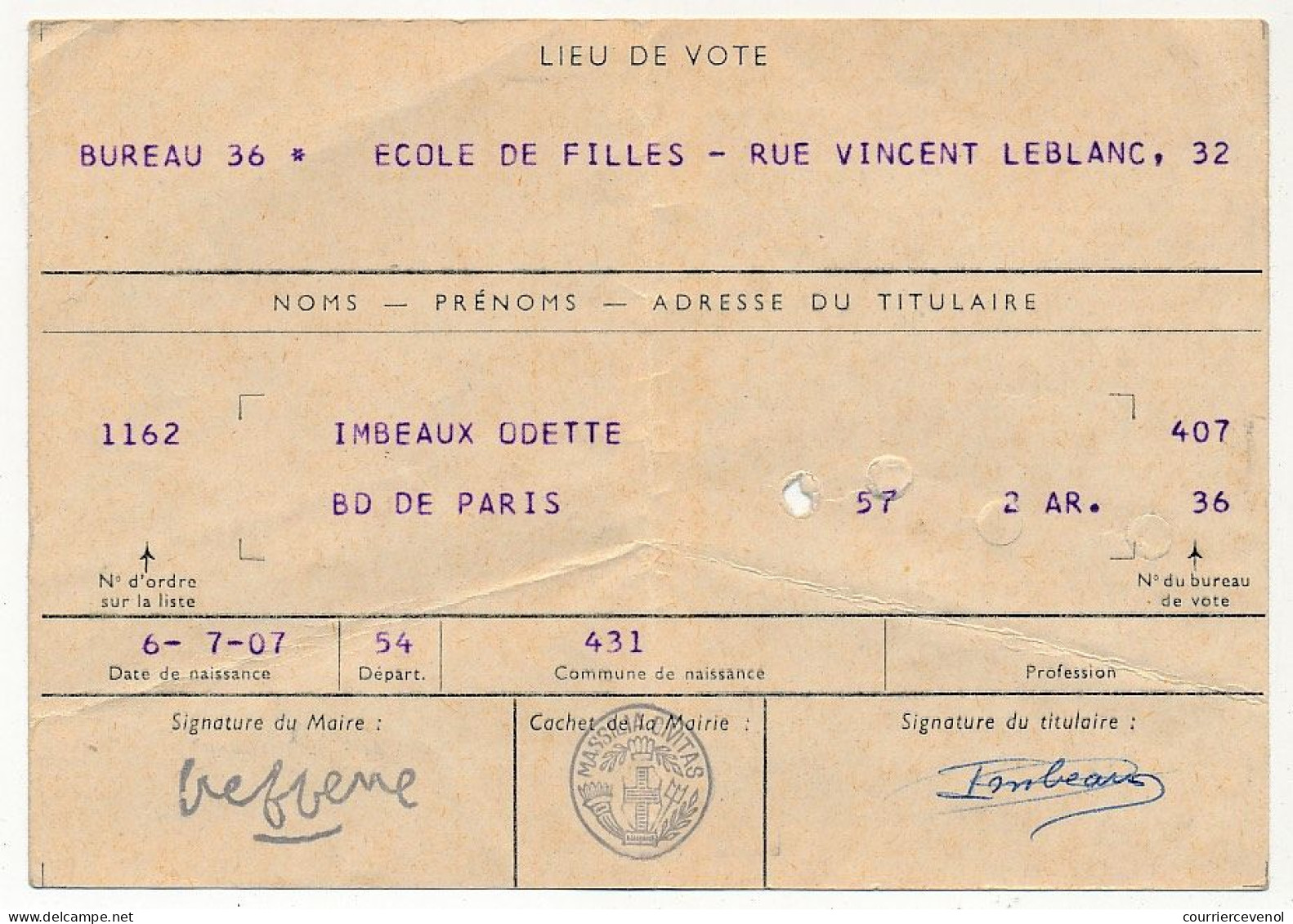 FRANCE - Carte D'électeur X2 1967 - Ville De Marseille (B Du R) - Bureau 36 Et Bureau 133 - Documents Historiques