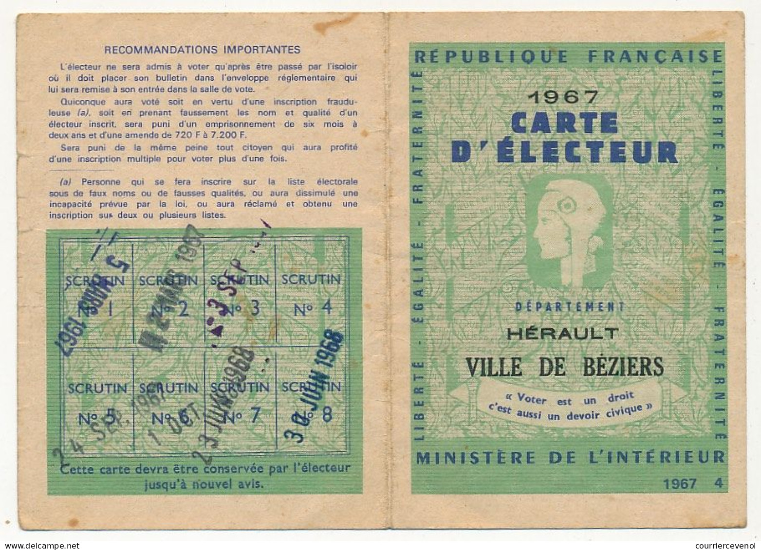 FRANCE - Carte D'électeur X2 1967 - Gard, Ville De Nîmes Et Hérault, Ville De Béziers - Documents Historiques