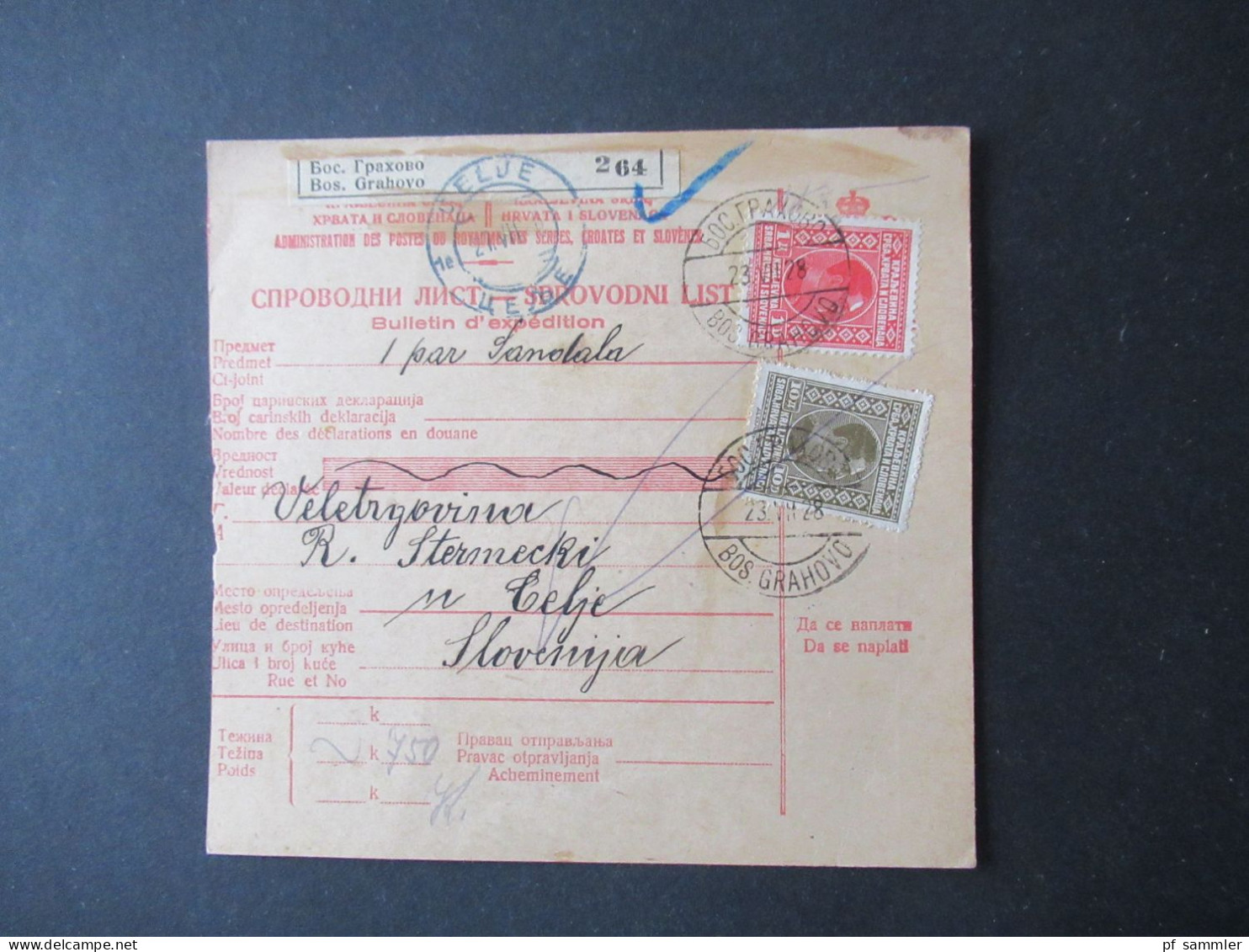 Jugoslawien 1928 Paketkarte Stempel Und Zettel Bos. Grahovo Rückseitig Weitere Stempel Celje - Covers & Documents