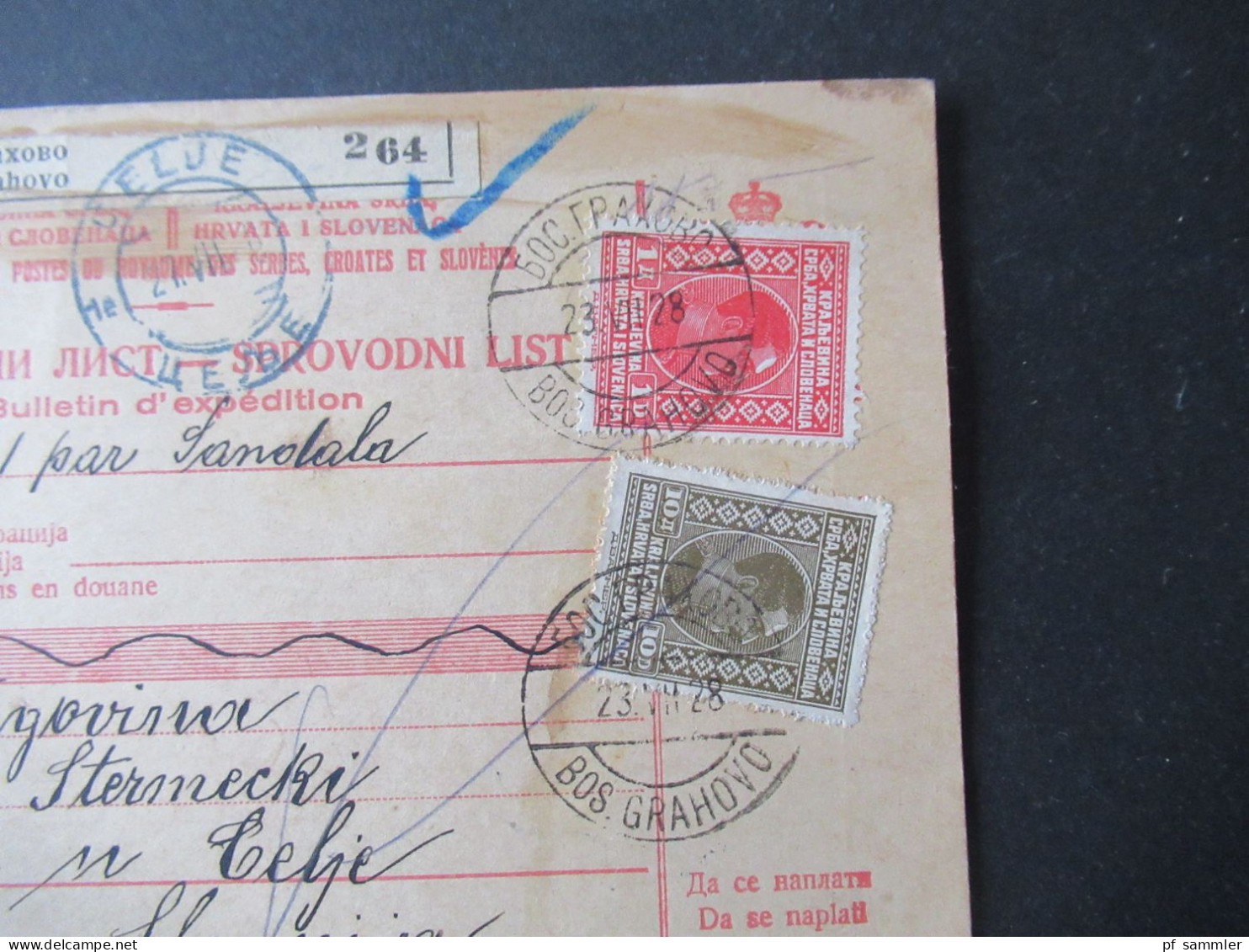 Jugoslawien 1928 Paketkarte Stempel Und Zettel Bos. Grahovo Rückseitig Weitere Stempel Celje - Cartas & Documentos