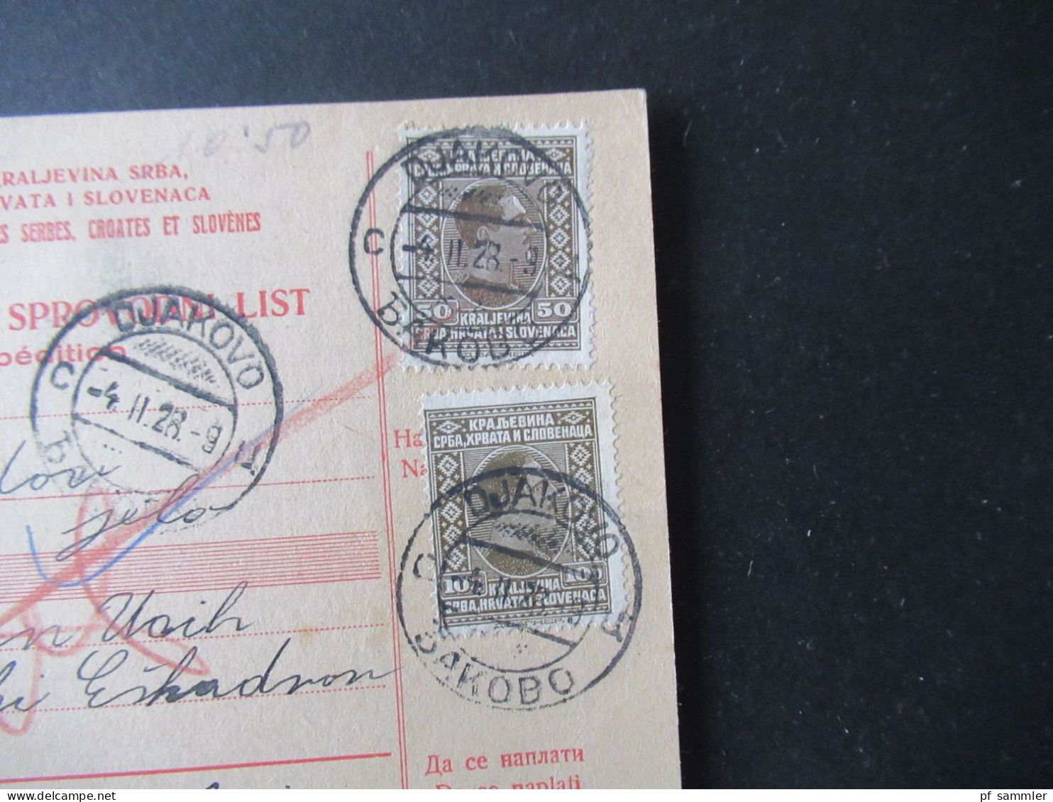 Jugoslawien 1928 Paketkarte Stempel Djakovo Nach Nis Serbien Gesendet Rückseitig Weitere Stempel - Lettres & Documents